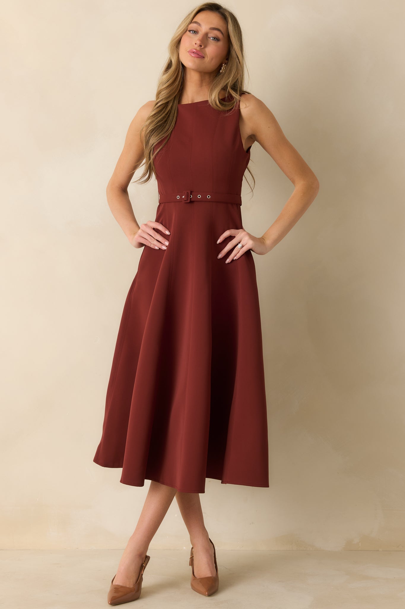 Timely Matter Dark Rust Red Belted Sleeveless Midi Dress