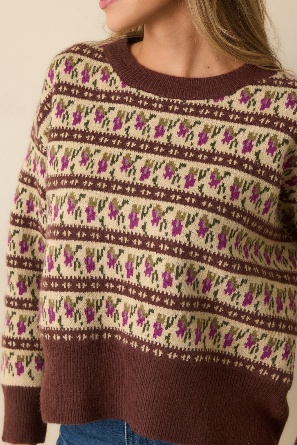 Guess What’s Next Brown Multi Fair Isle Knit Crewneck Sweater