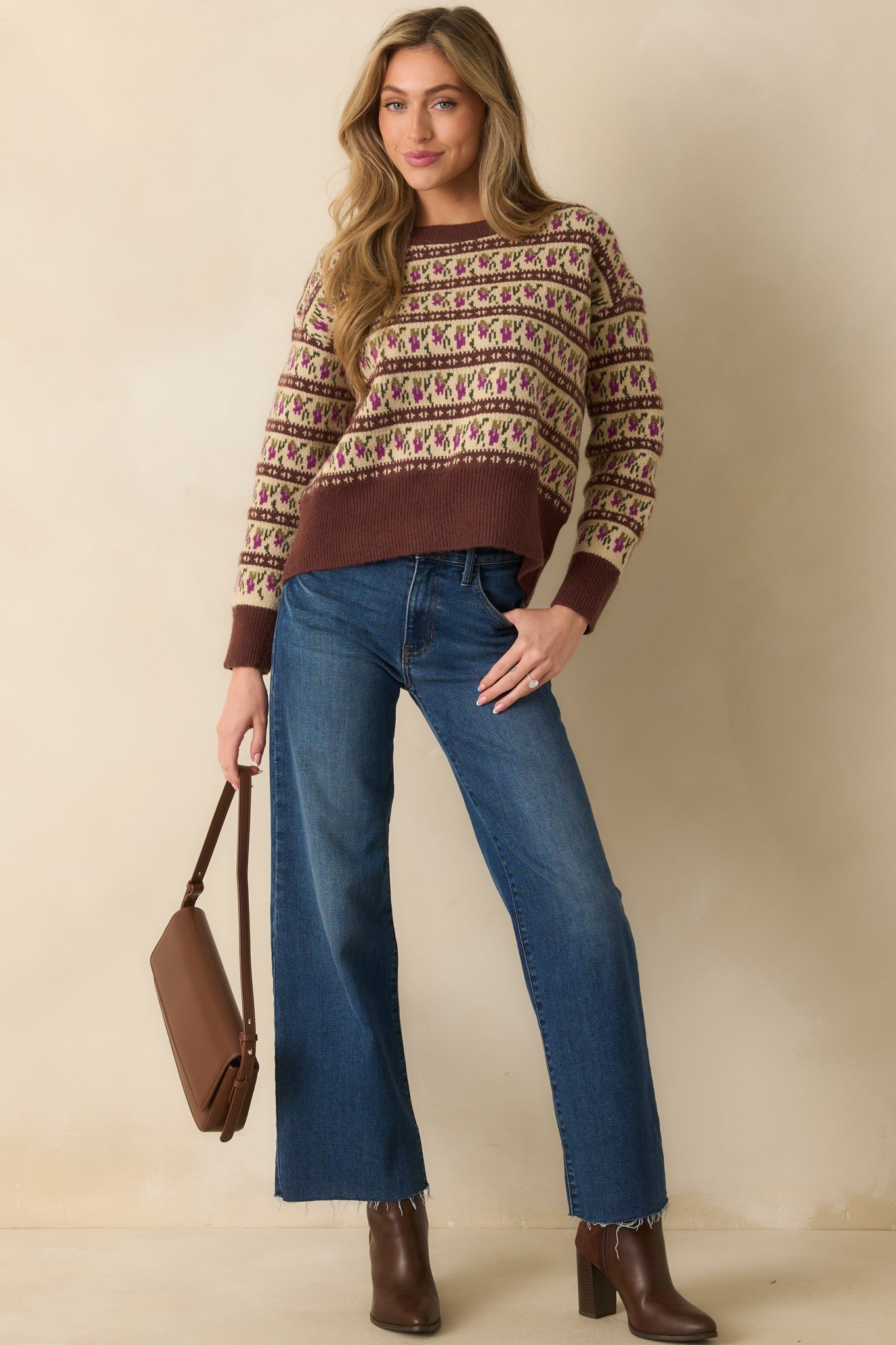 Guess What’s Next Brown Multi Fair Isle Knit Crewneck Sweater