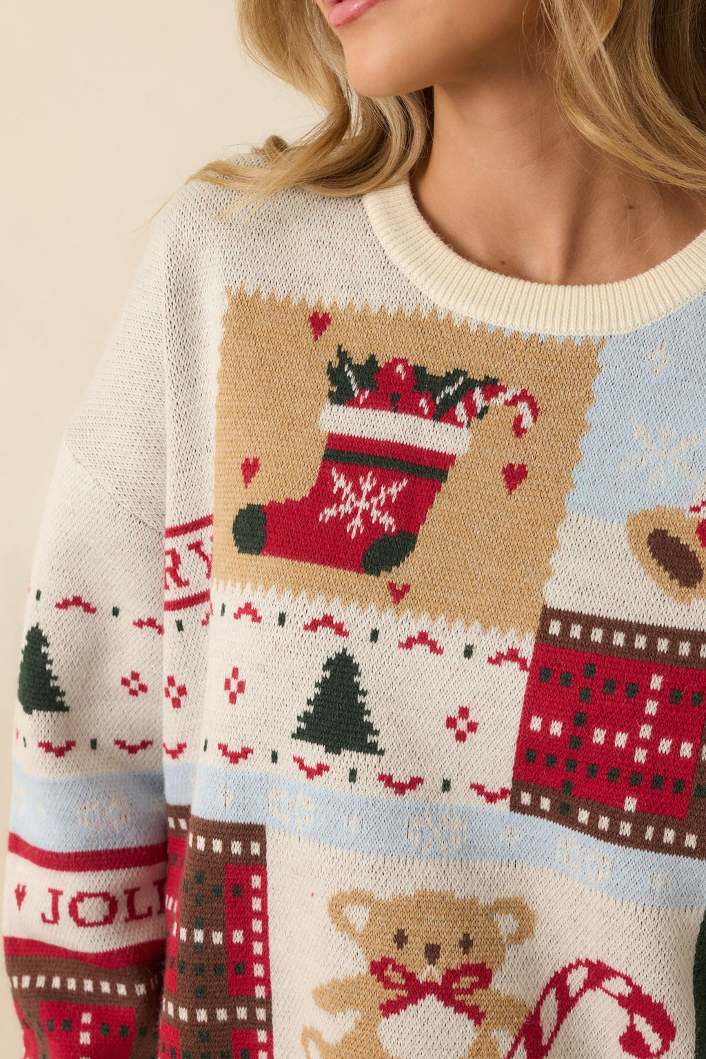 Oh So Merry White Multi Knit Christmas Patchwork Print Sweater
