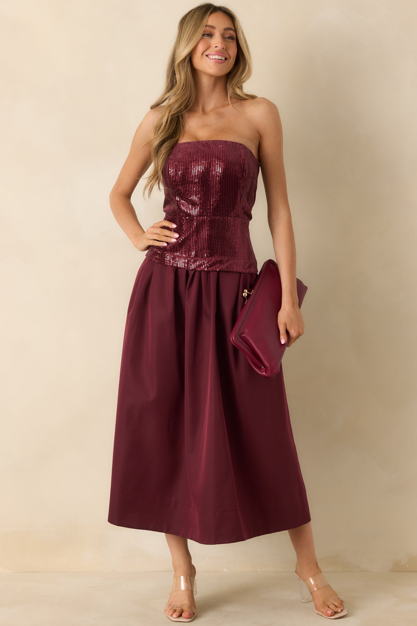 Sips & Sparkles Wine Red Sequin Strapless Midi Dress