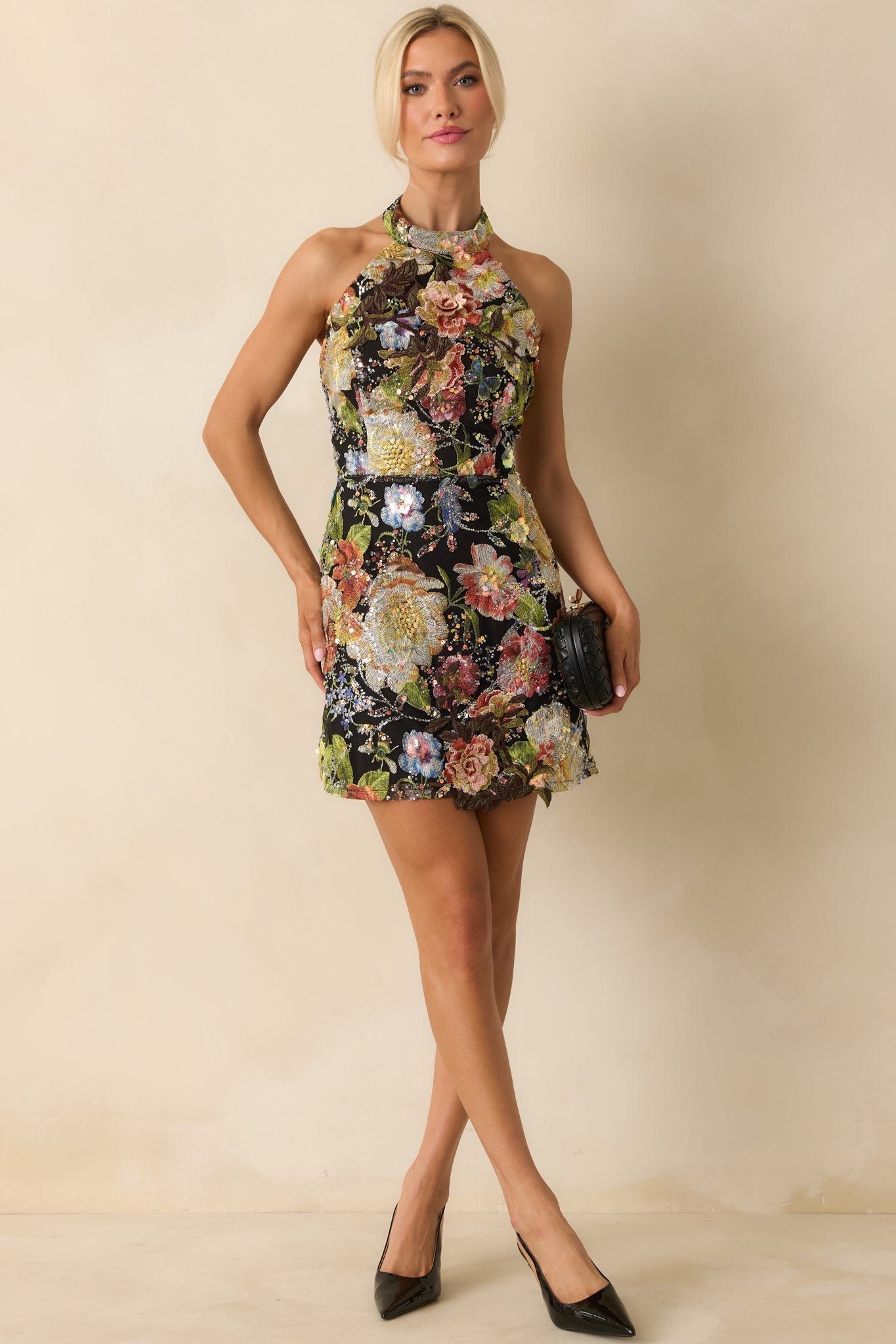 Daring To Bloom Black Multi Floral Sequined Halter Mini Dress