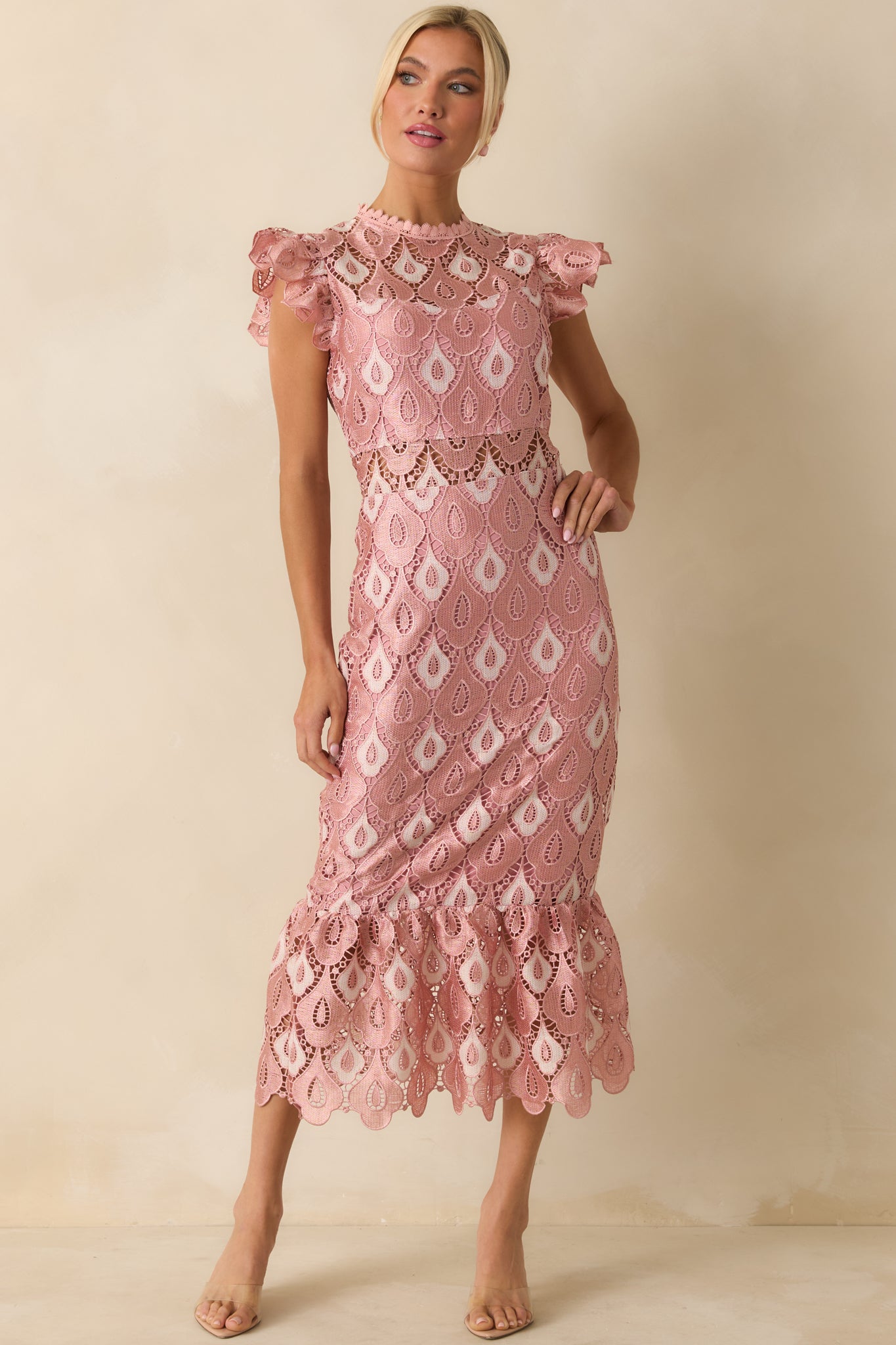 Laced In Compliments Soft Pink Lace Short Sleeve Maxi Dress
