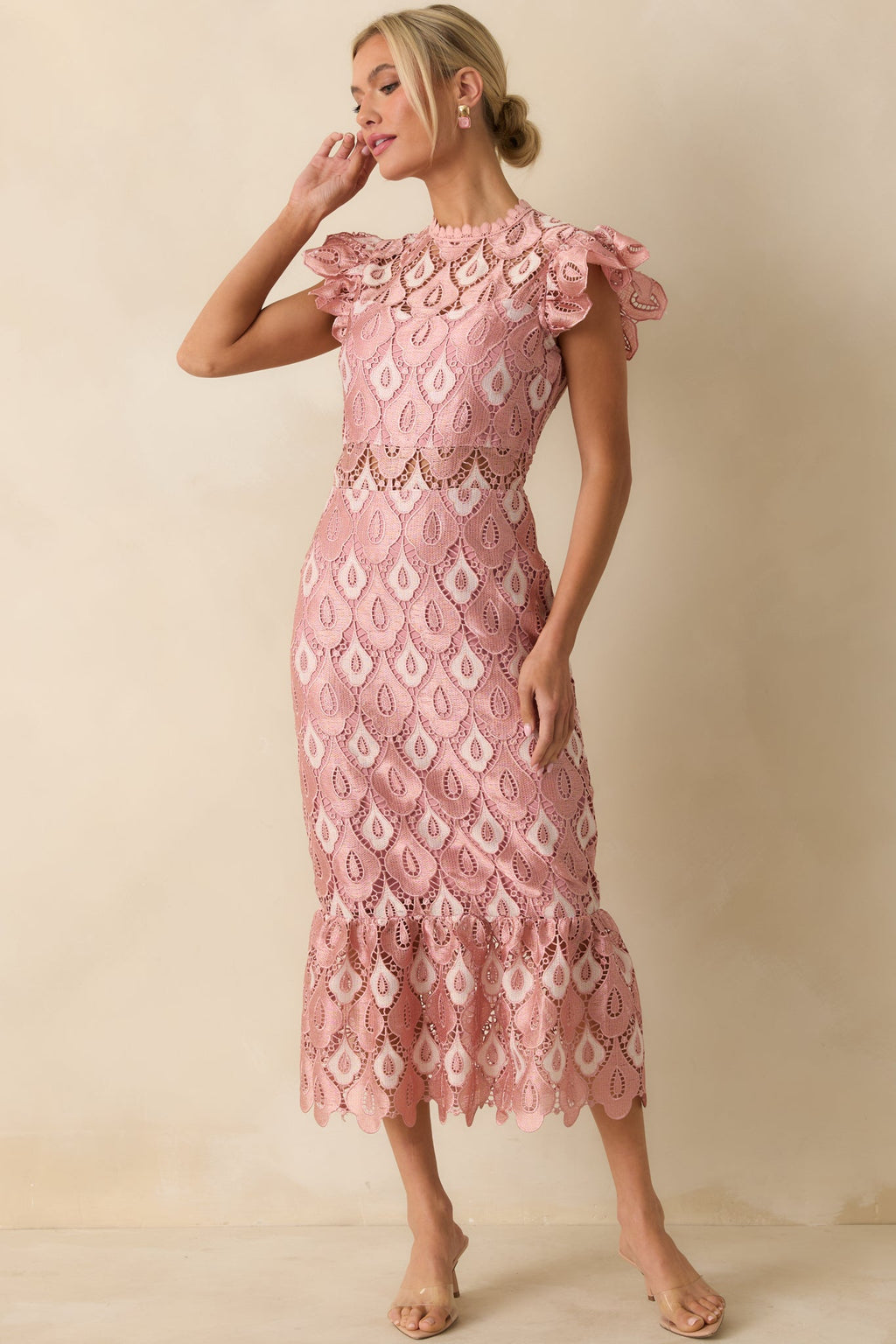 Laced In Compliments Soft Pink Lace Short Sleeve Maxi Dress