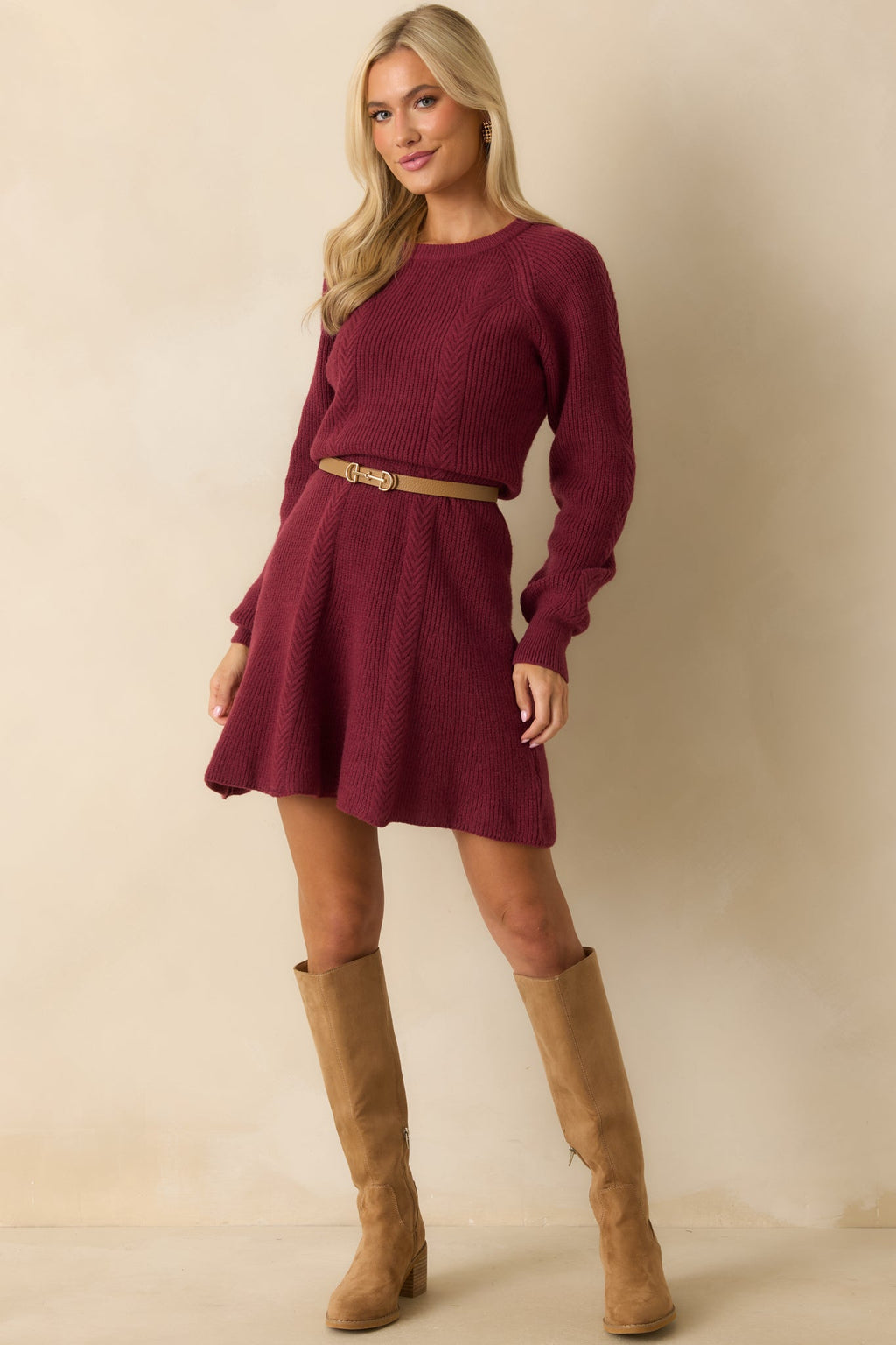No Better Time Burgundy Ribbed Knit Sweater Mini Dress