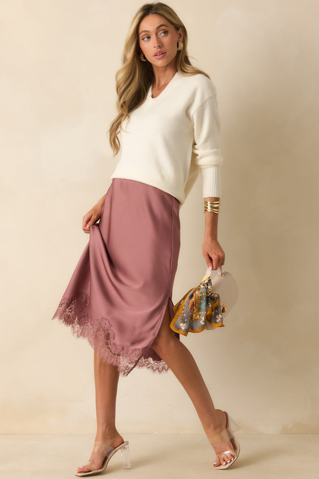 Just Call Me Later Rose Pink Satin Lace Trim Midi Skirt