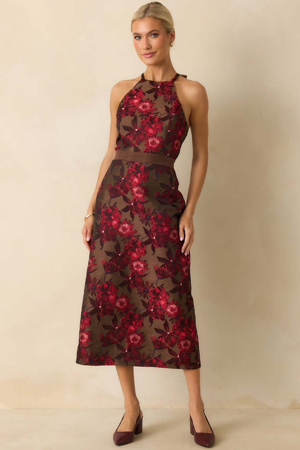 For the Storyline Mocha Brown Multi Floral Jacquard Maxi Dress