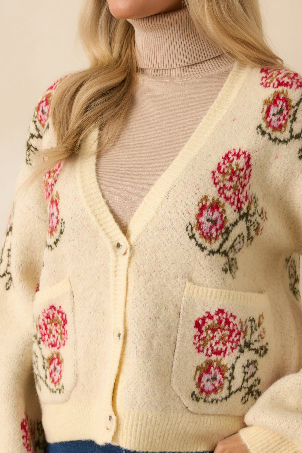 Garden Wishes Ivory Multi Knit Floral Button Up Cardigan Sweater