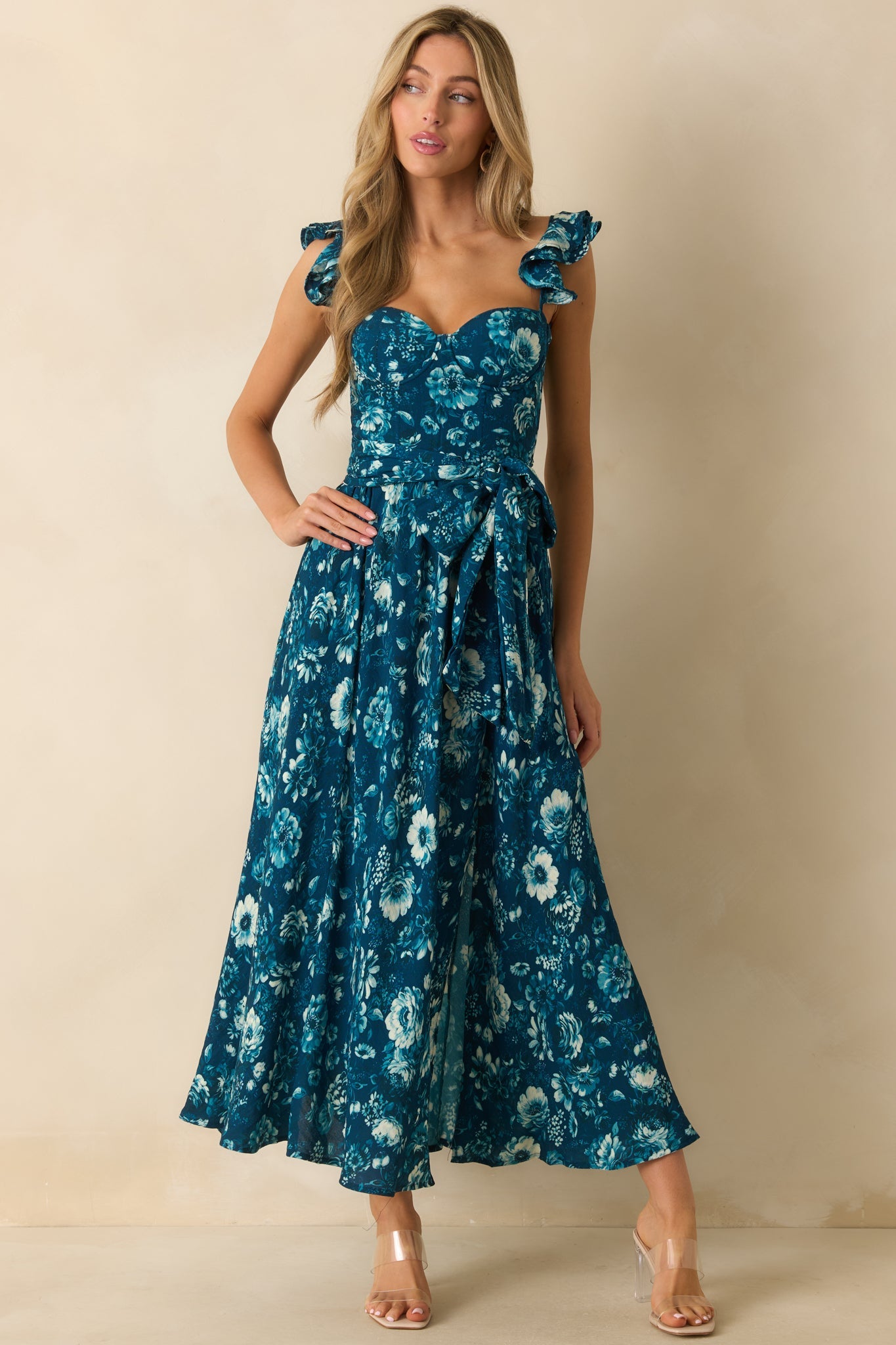Aimee Dark Teal Multi Floral Print Bustier Maxi Dress