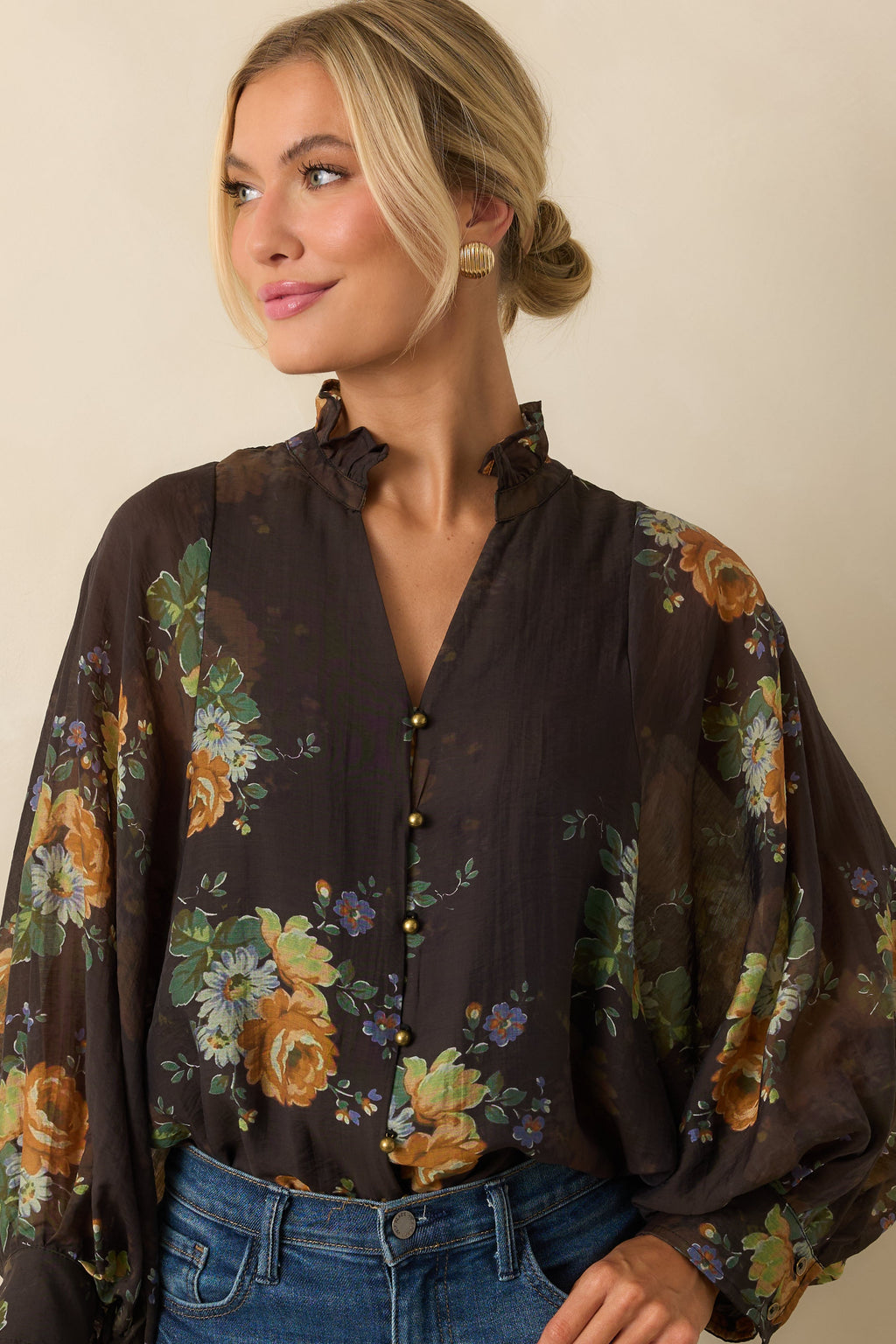 Sweet as Petals Brown Multi Floral Print Button Up Blouse