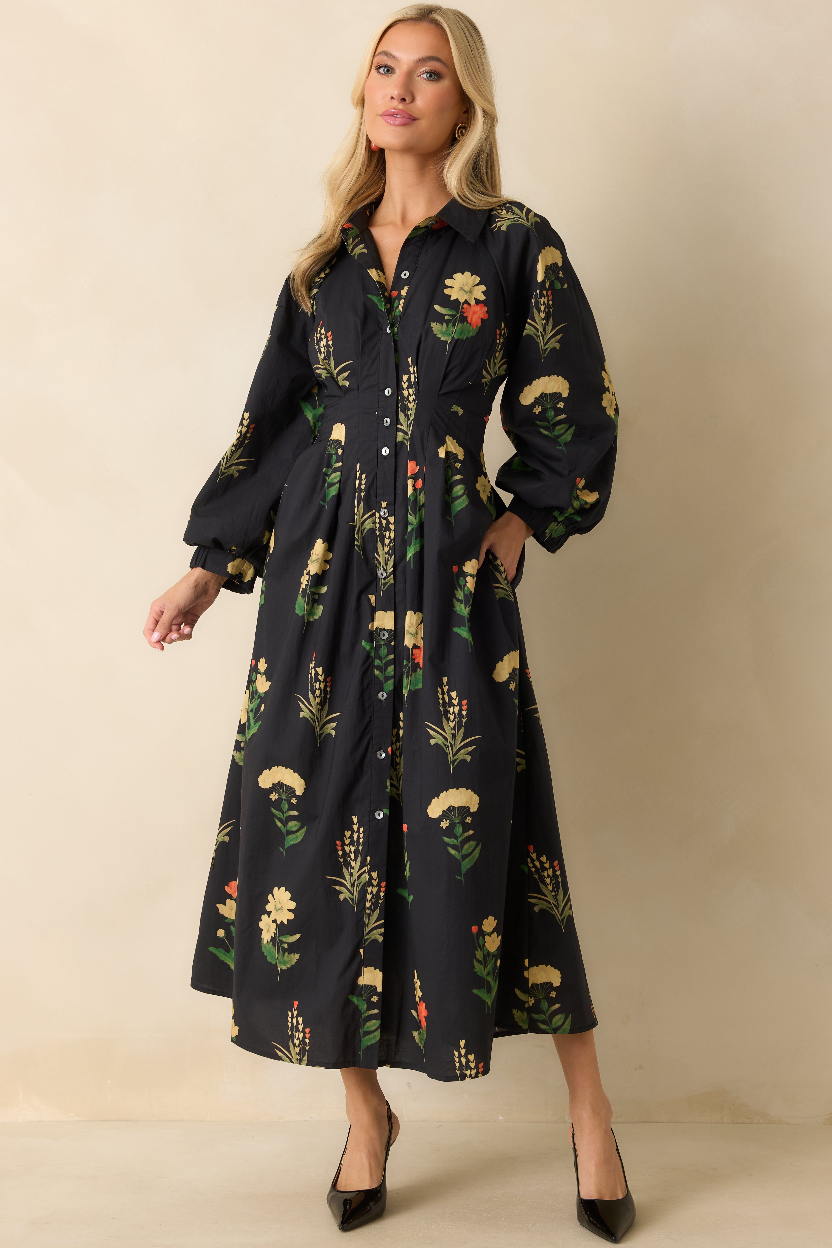 Endlessly Charmed Black Multi Floral Print Cotton Button Front Maxi Dress