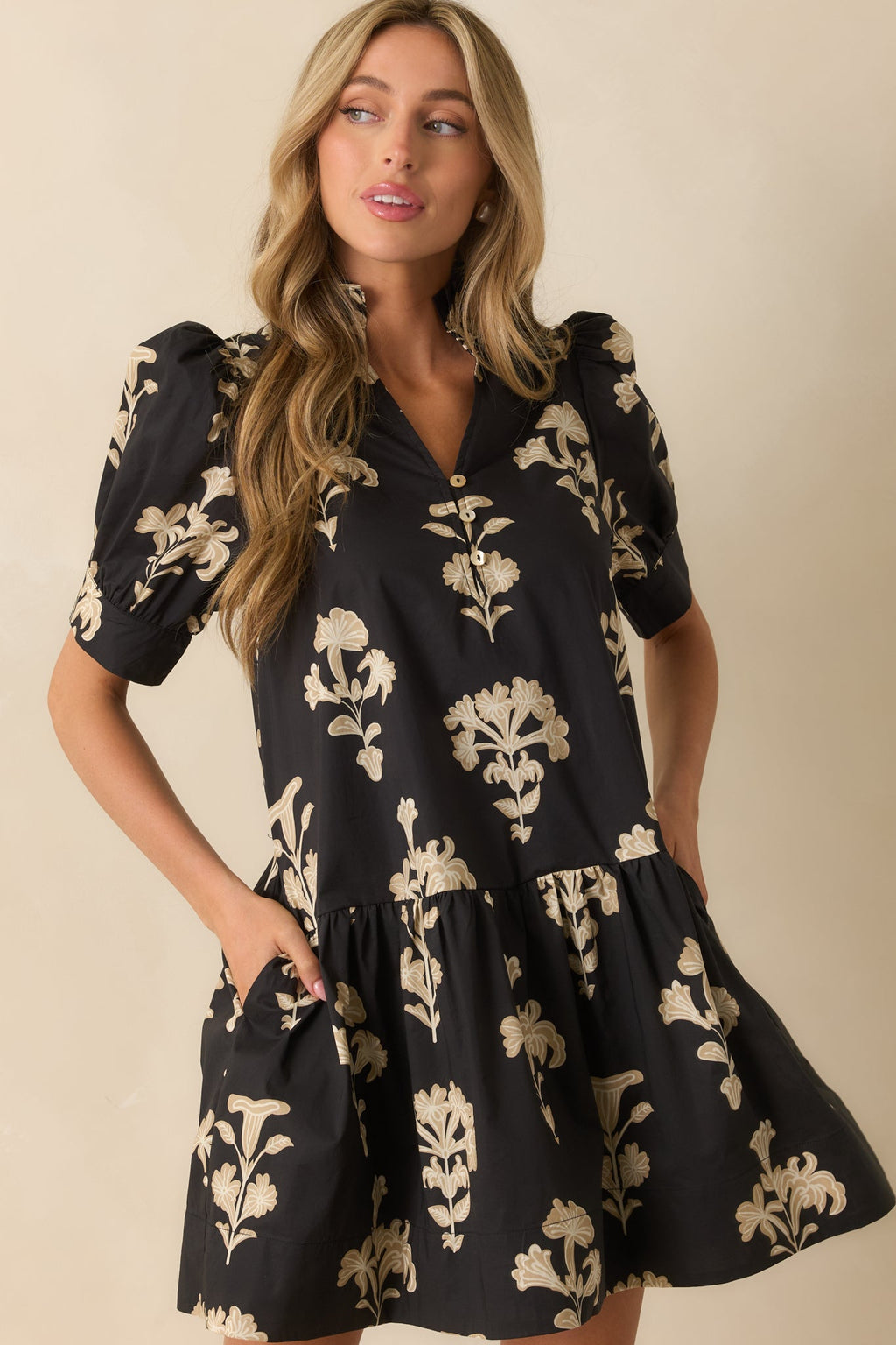 For Another Day Black Floral Print Cotton Puff Sleeve Mini Dress