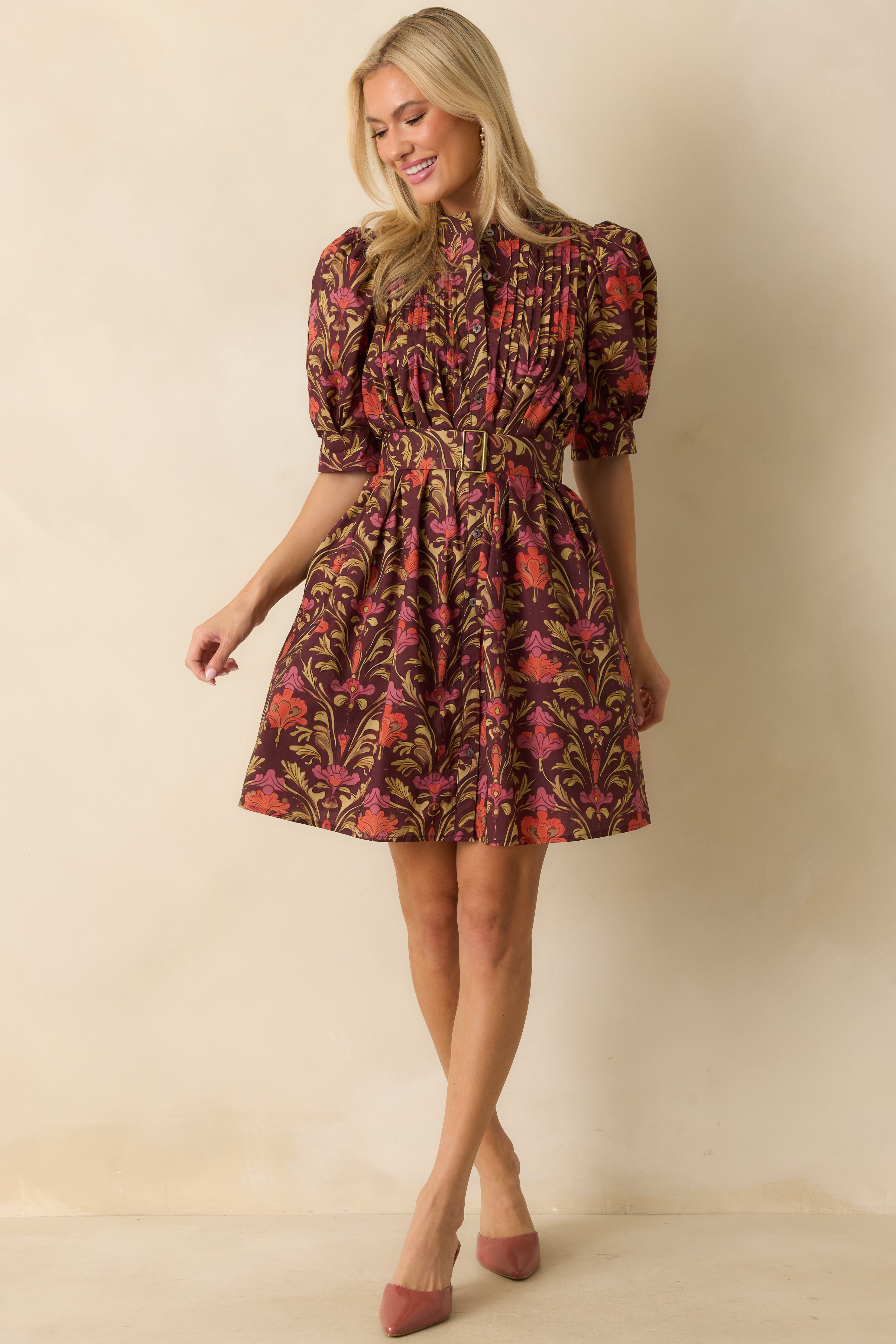 Flourish And Find Out Burgundy Multi Floral Print Cotton Mini Dress