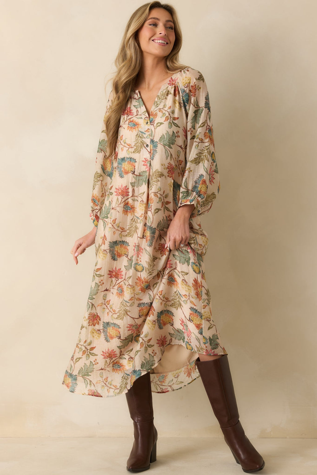 Among the Wildflowers Beige Multi Floral Print Long Sleeve Maxi Dress
