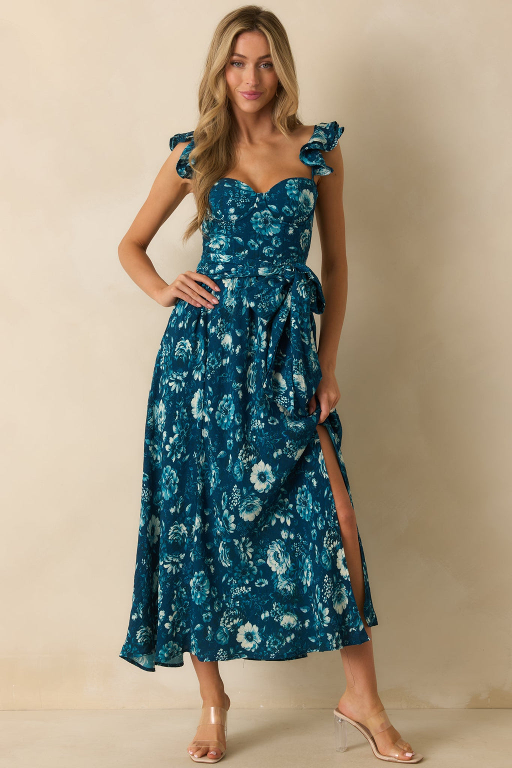 Aimee Dark Teal Multi Floral Print Bustier Maxi Dress