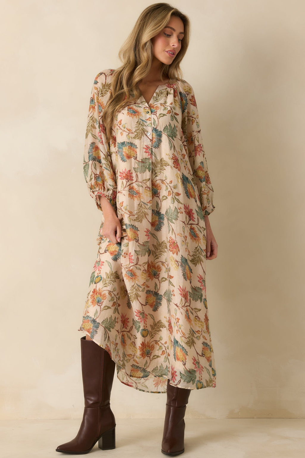 Among the Wildflowers Beige Multi Floral Print Long Sleeve Maxi Dress