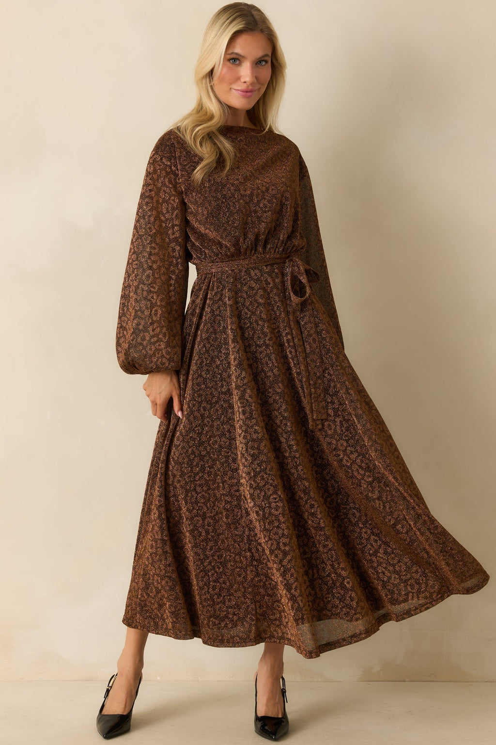 Subtle Spark Brown Leopard Print Shimmer Long Sleeve Maxi Dress