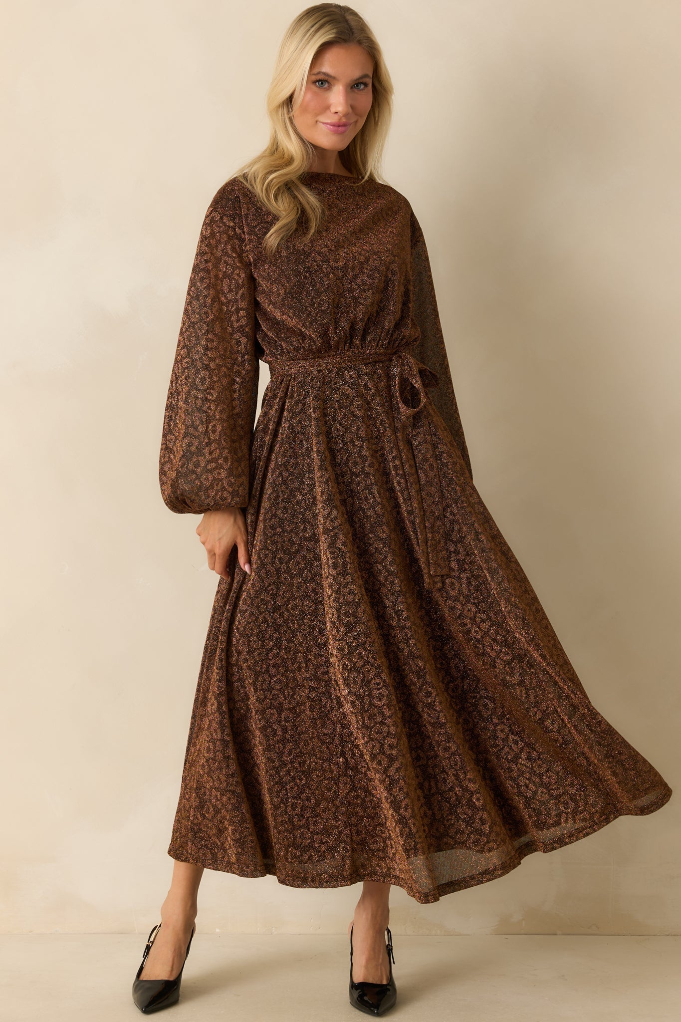 Subtle Spark Brown Leopard Print Shimmer Long Sleeve Maxi Dress