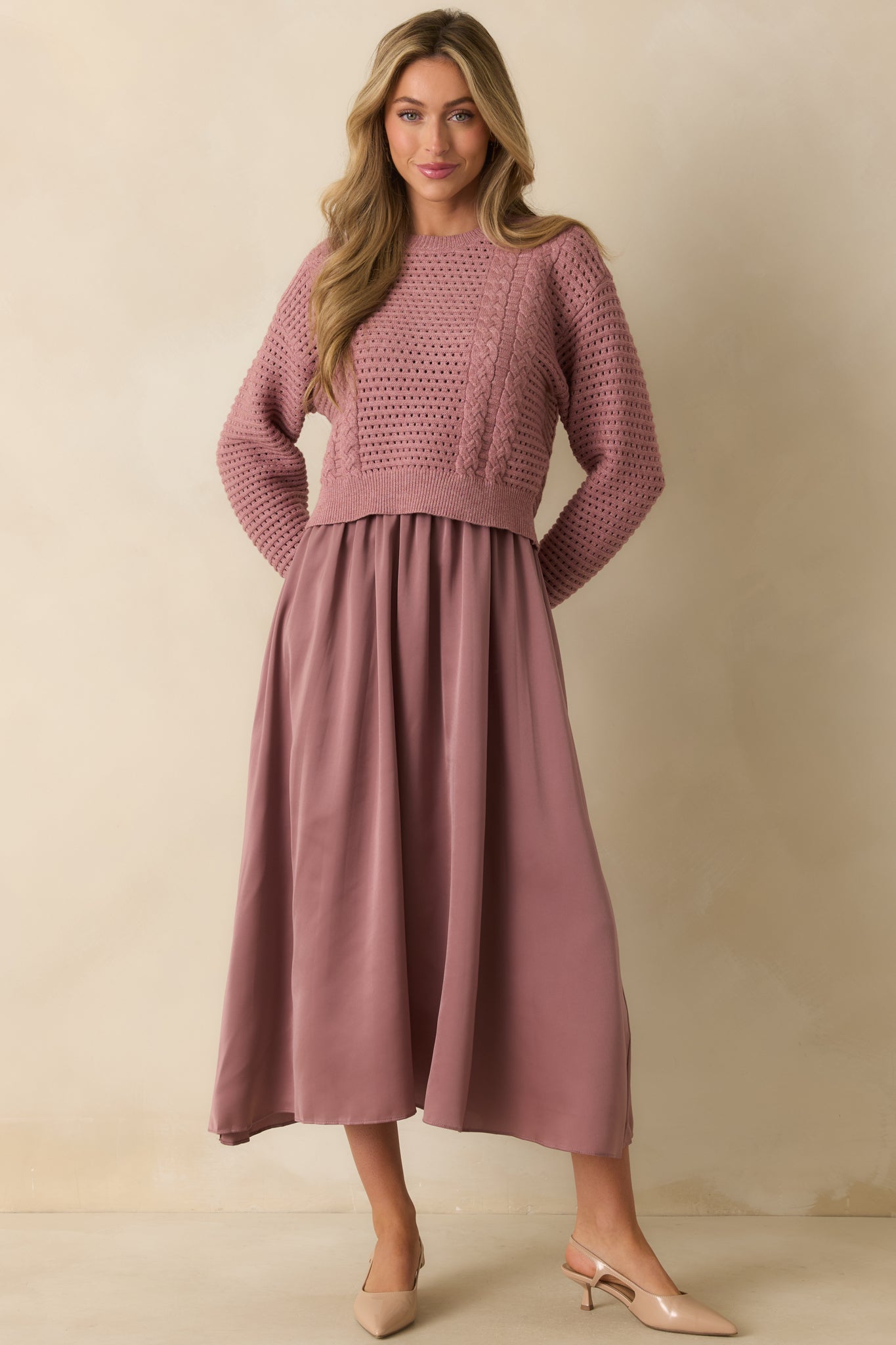 Take A Little Time Mauve Knit Sweater Satin Maxi Dress Set