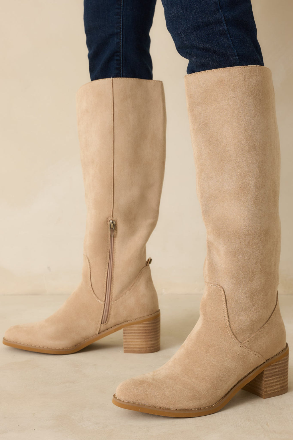 For Good Reason Beige Faux Suede Knee High Boots