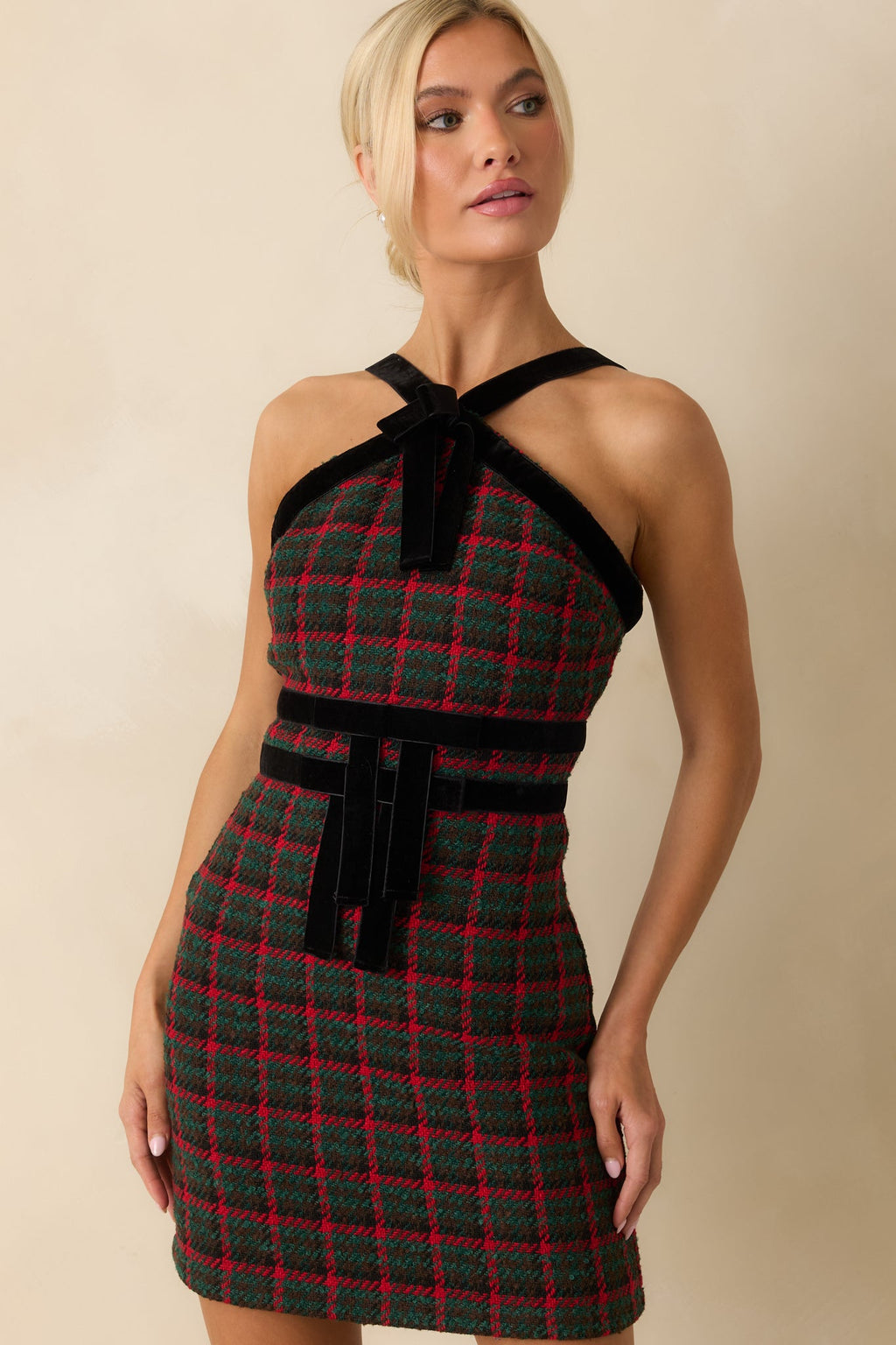 Prosperina Faye Green Multi Plaid Tweed Halter Dress