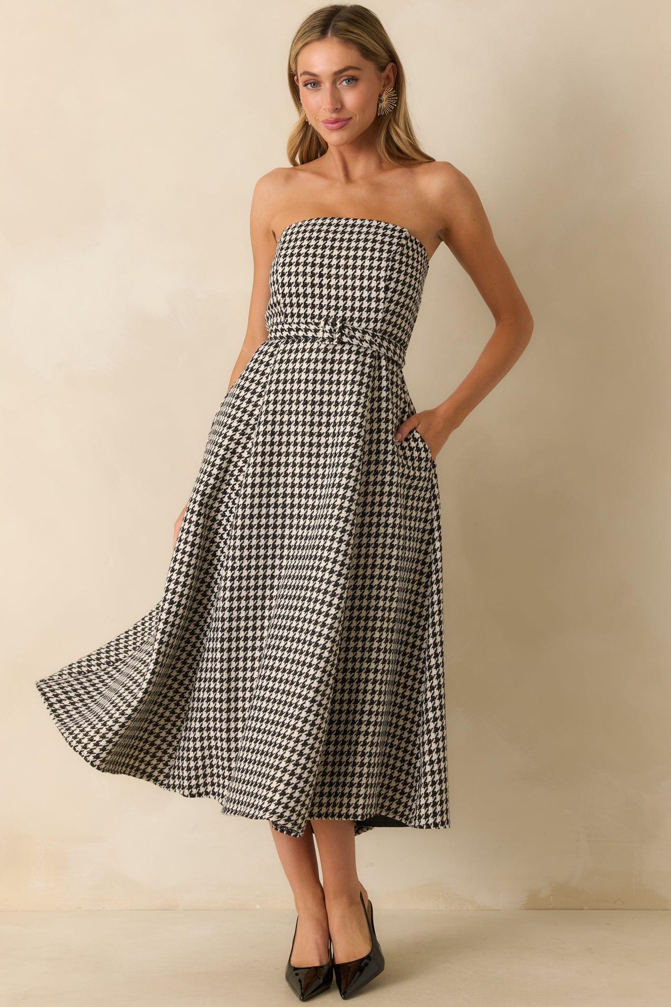 Something To Remember Black Houndstooth Belted Bandeau Midi Dress