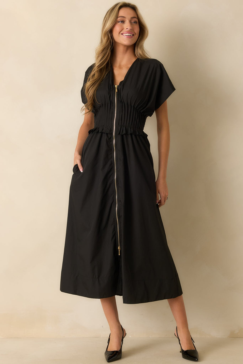 Let It Be Easy Black Smocked Waist Zip Maxi Dress