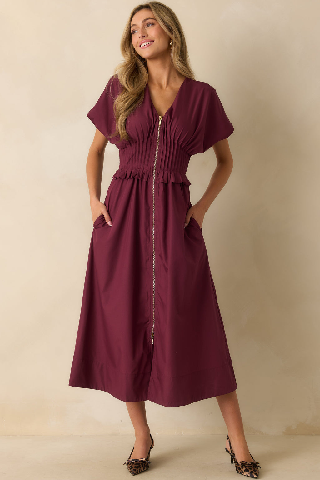 Let It Be Easy Wine Red Smocked Waist Zip Maxi Dress