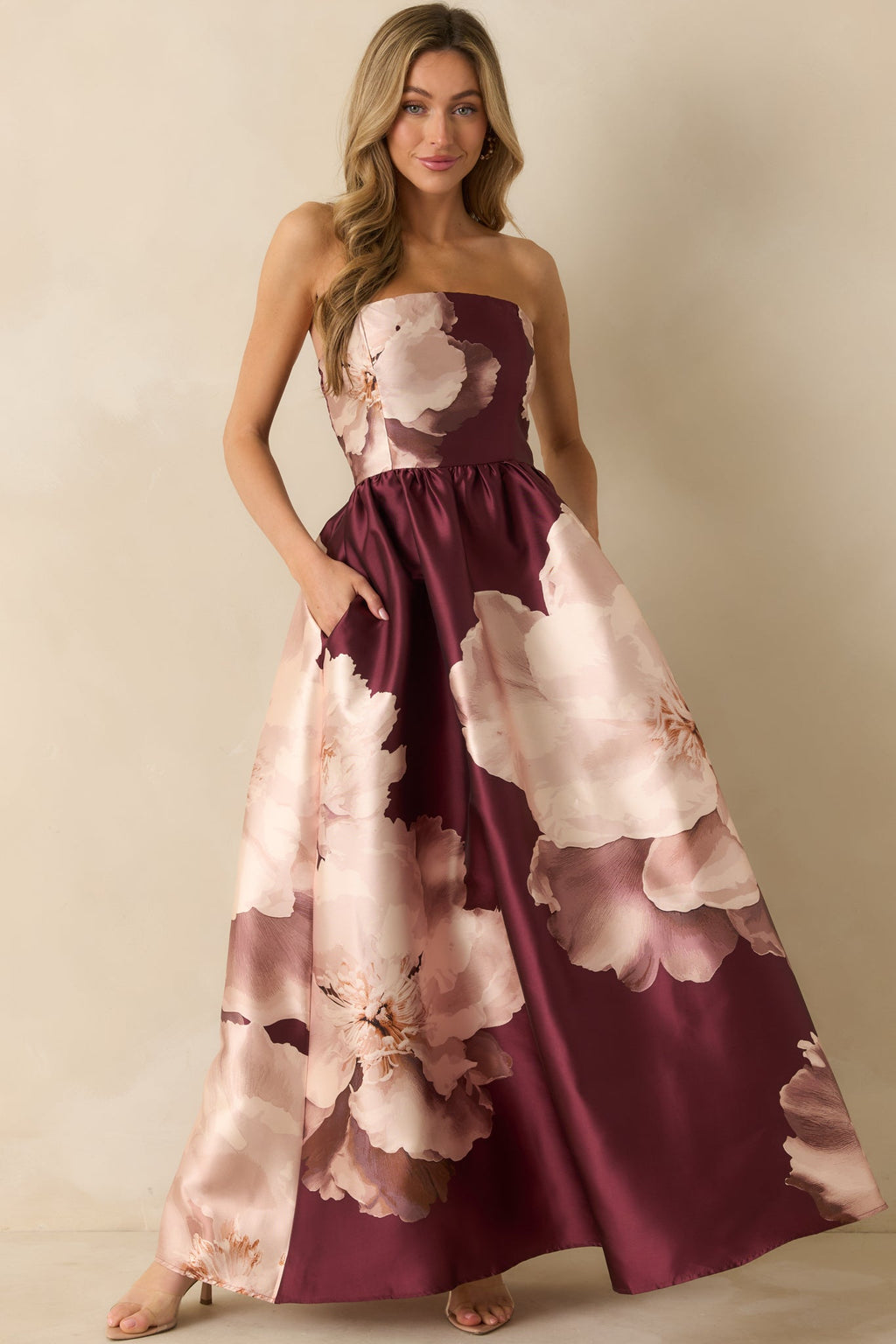 Simply Breathless Burgundy Floral Print Strapless Maxi Dress