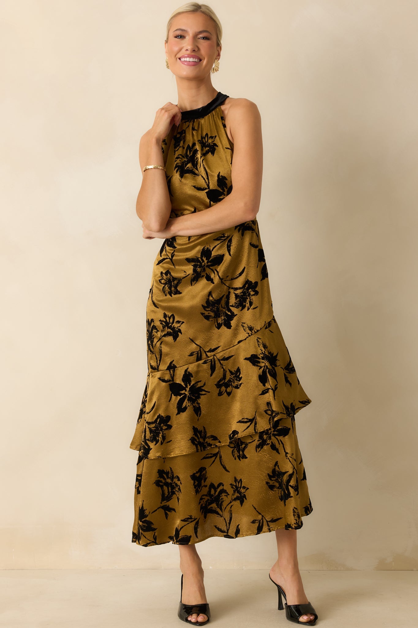 Sweet Recollection Dark Gold Floral Satin Maxi Dress