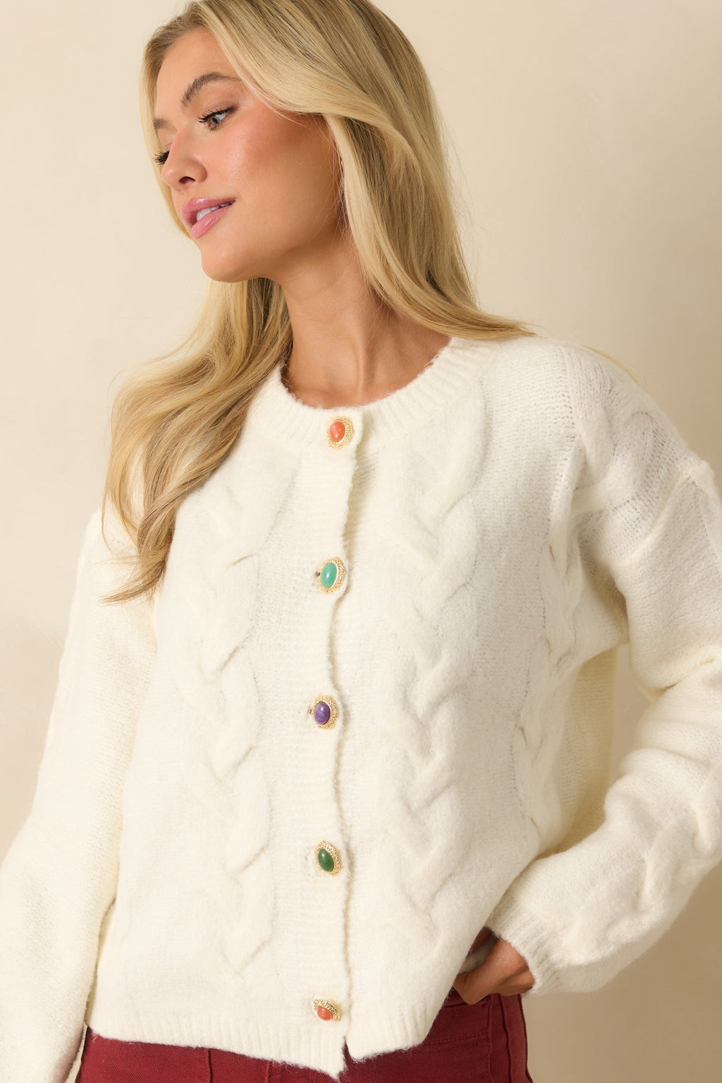 Gather What Matters Ivory Multi Knit Button Up Cardigan