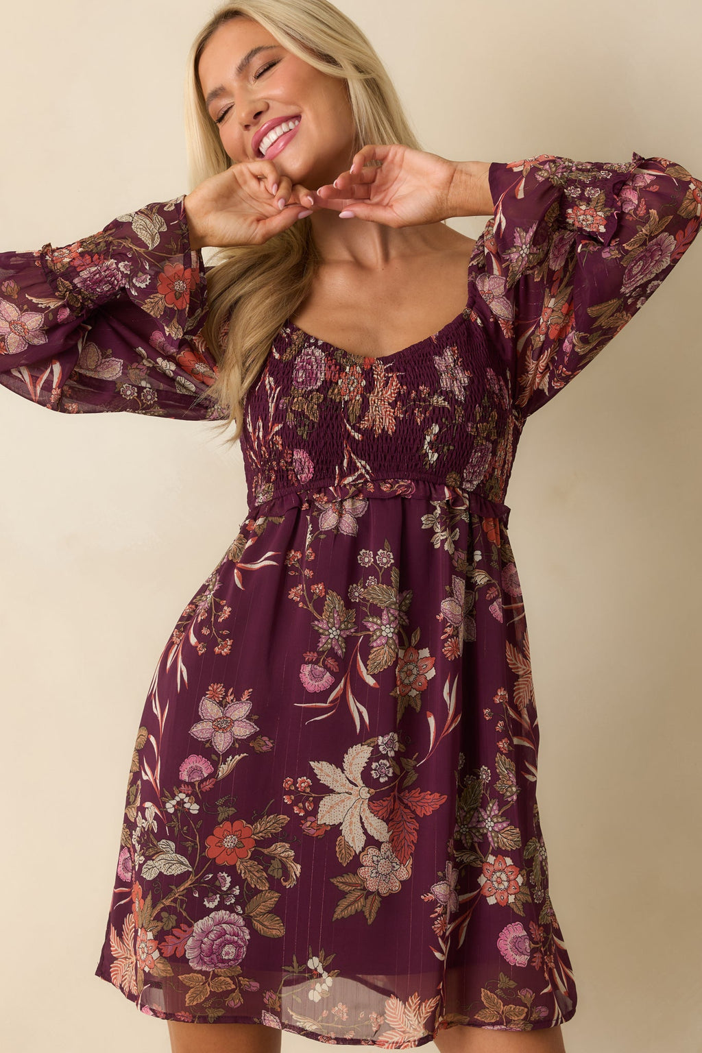 Flutter Away Berry Purple Multi Floral Print Mini Dress
