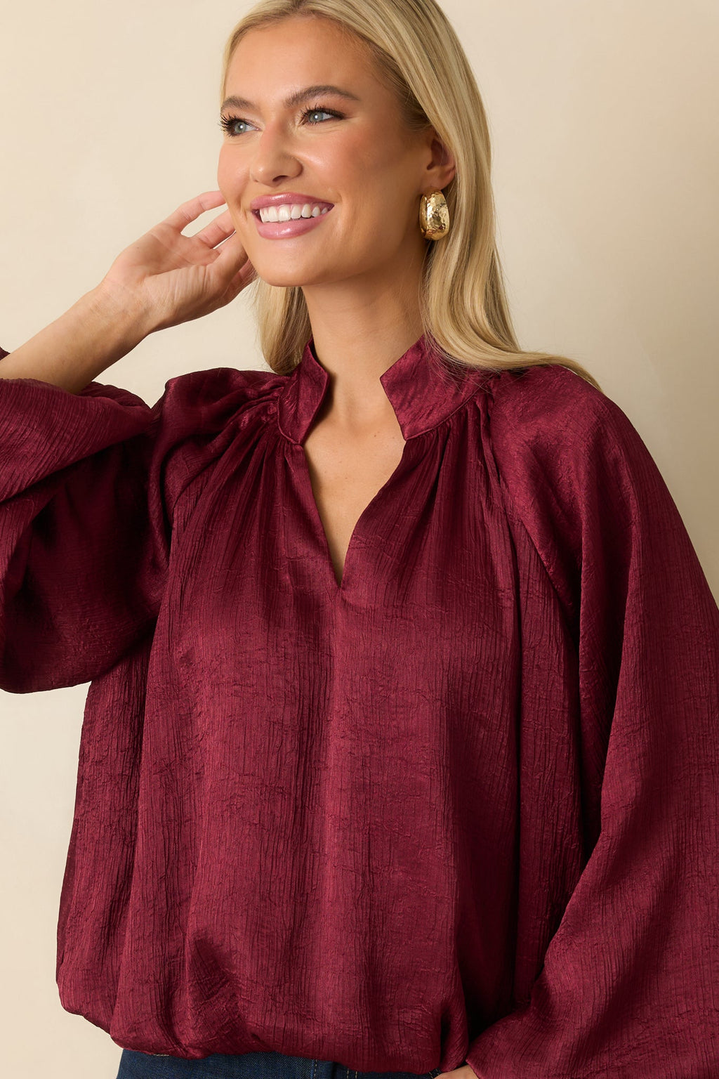 Promise Me This Burgundy Satin V-Neck Peasant Sleeve Top