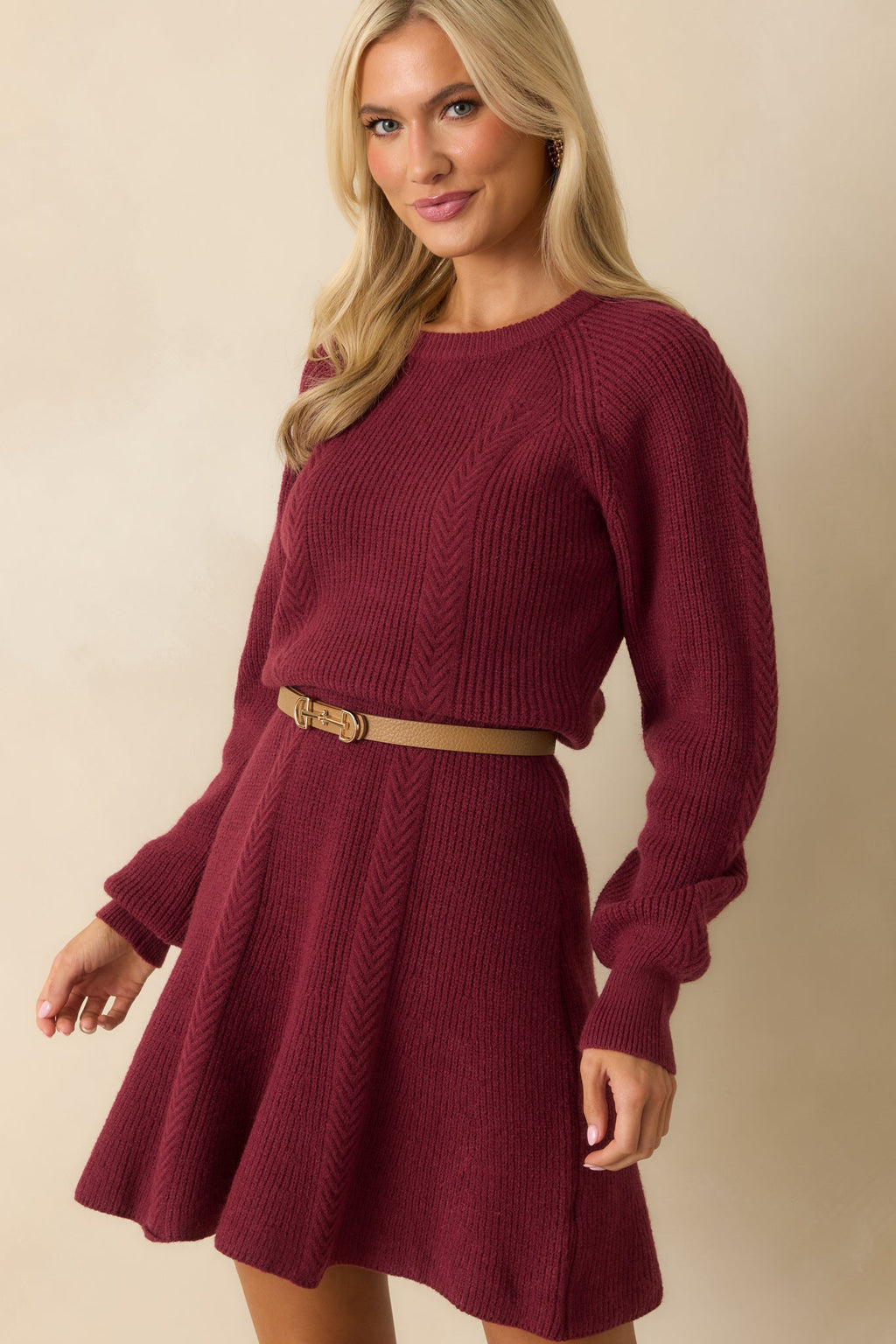 No Better Time Burgundy Ribbed Knit Sweater Mini Dress