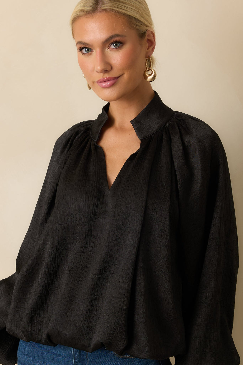 Promise Me This Black Satin V-Neck Peasant Sleeve Top