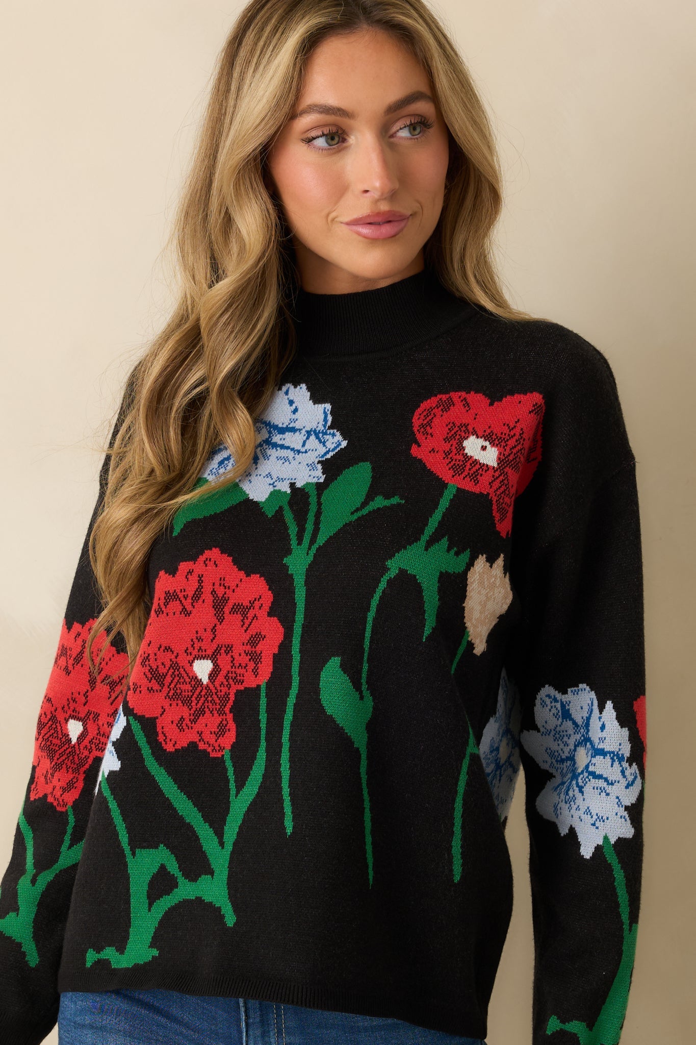 Garden Stroll Black Multi Floral Knit Sweater