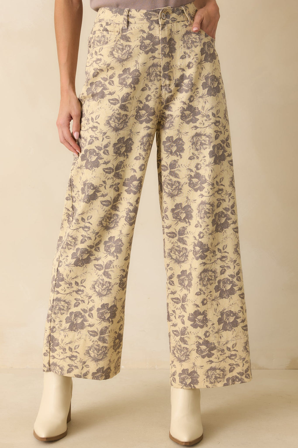 Just Like Always Grey Floral Print Wide Leg Pants
