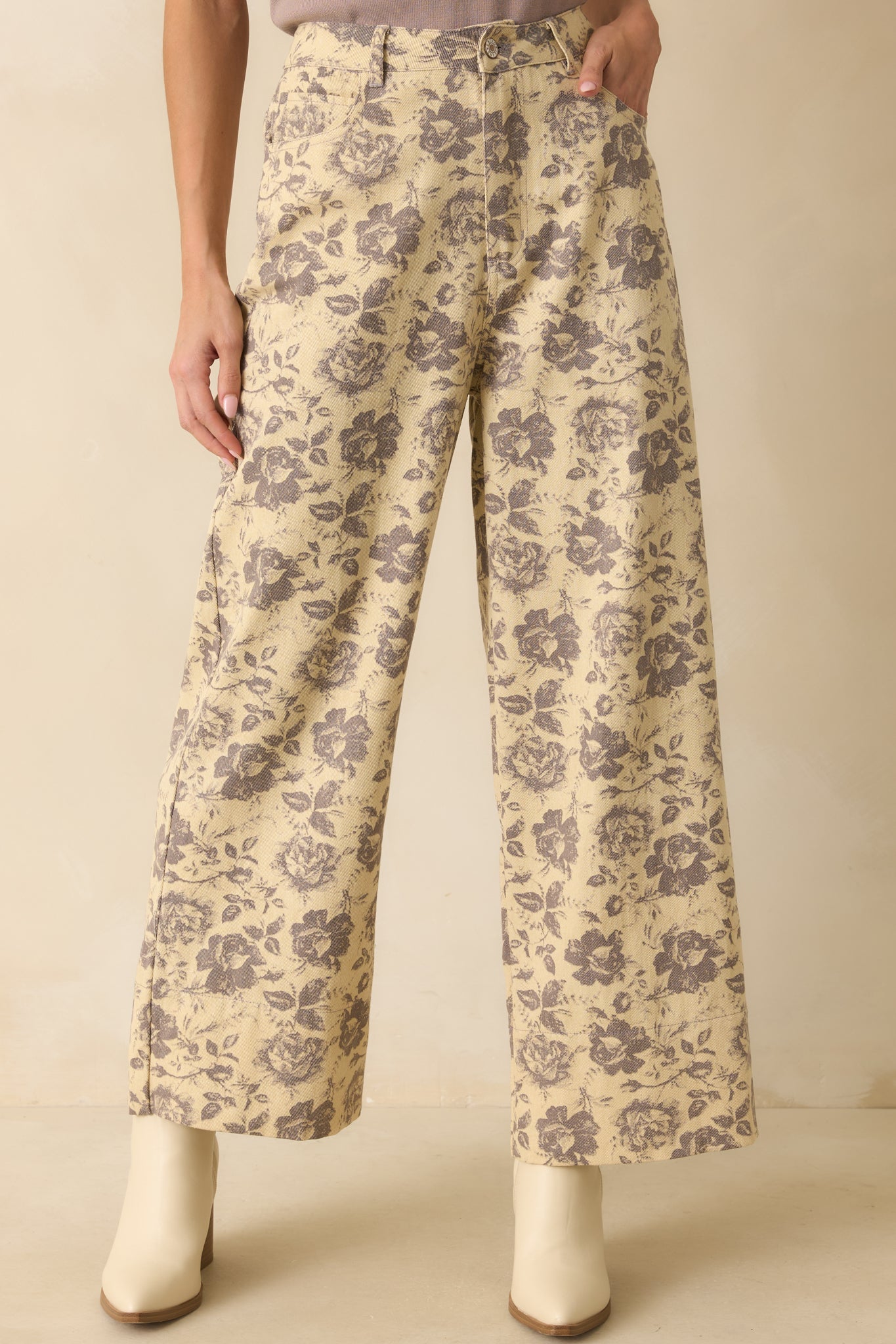 Just Like Always Grey Floral Print Wide Leg Pants