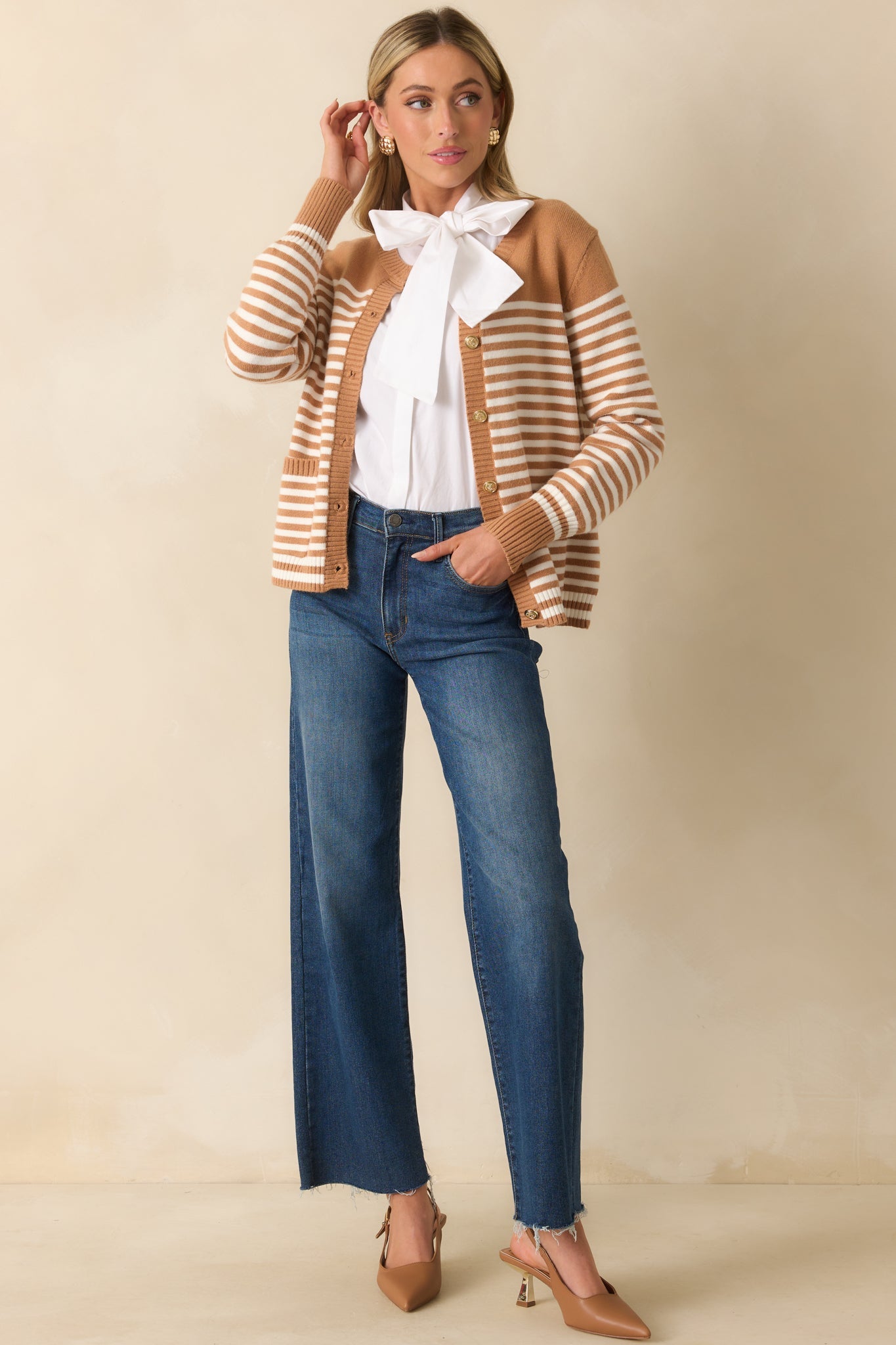 Right On Schedule Camel Brown Stripe Long Sleeve Button Up Cardigan