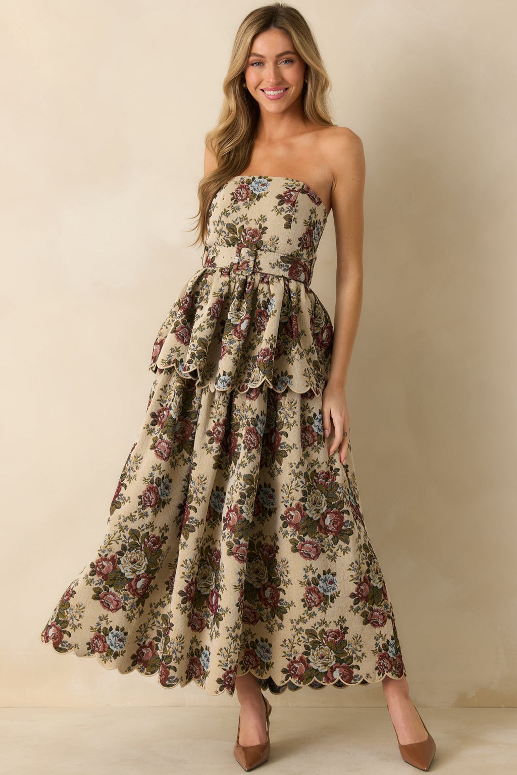 Graceful Charm Beige Multi Floral Tapestry Strapless Midi Dress