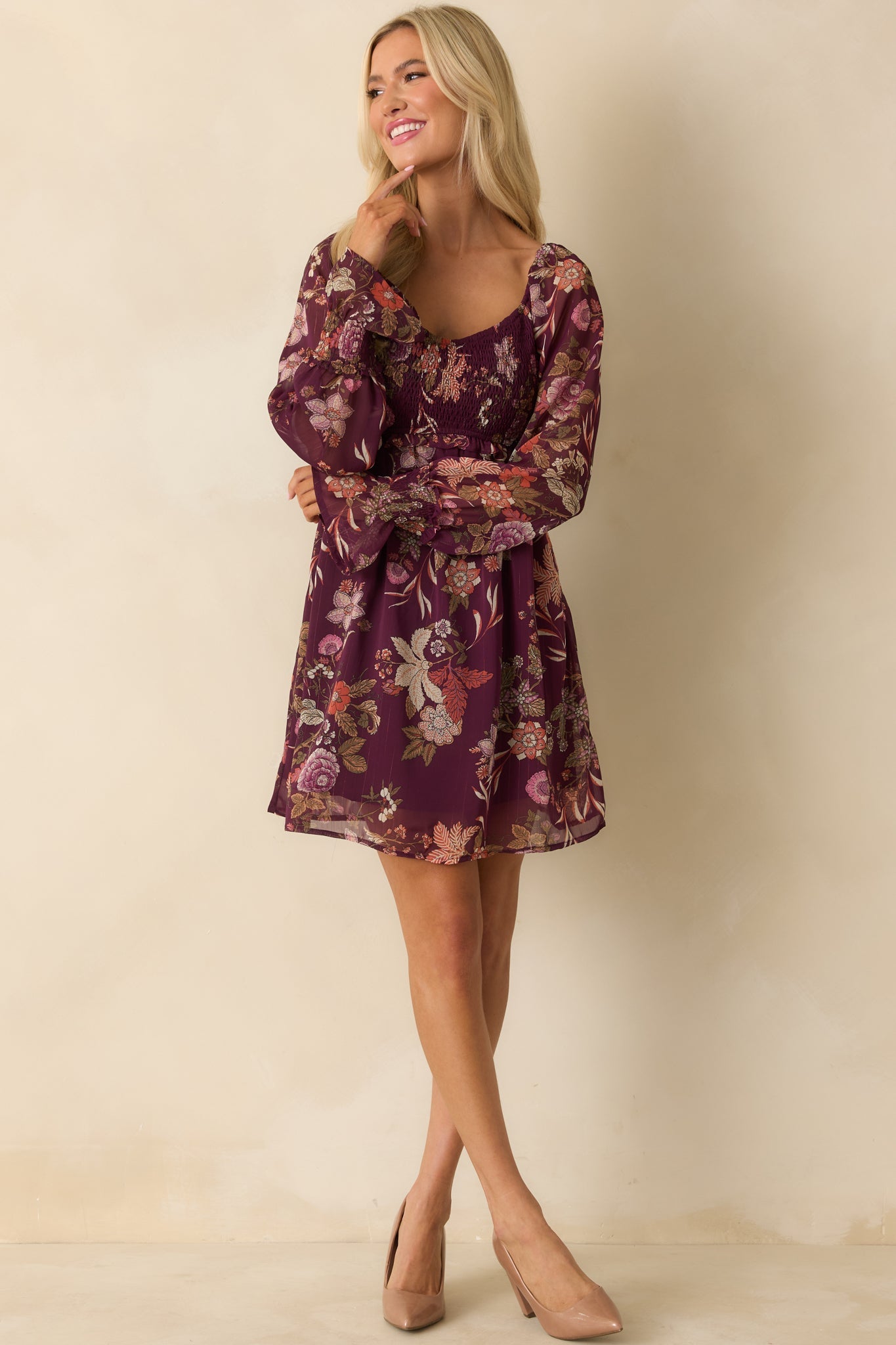 Flutter Away Berry Purple Multi Floral Print Mini Dress