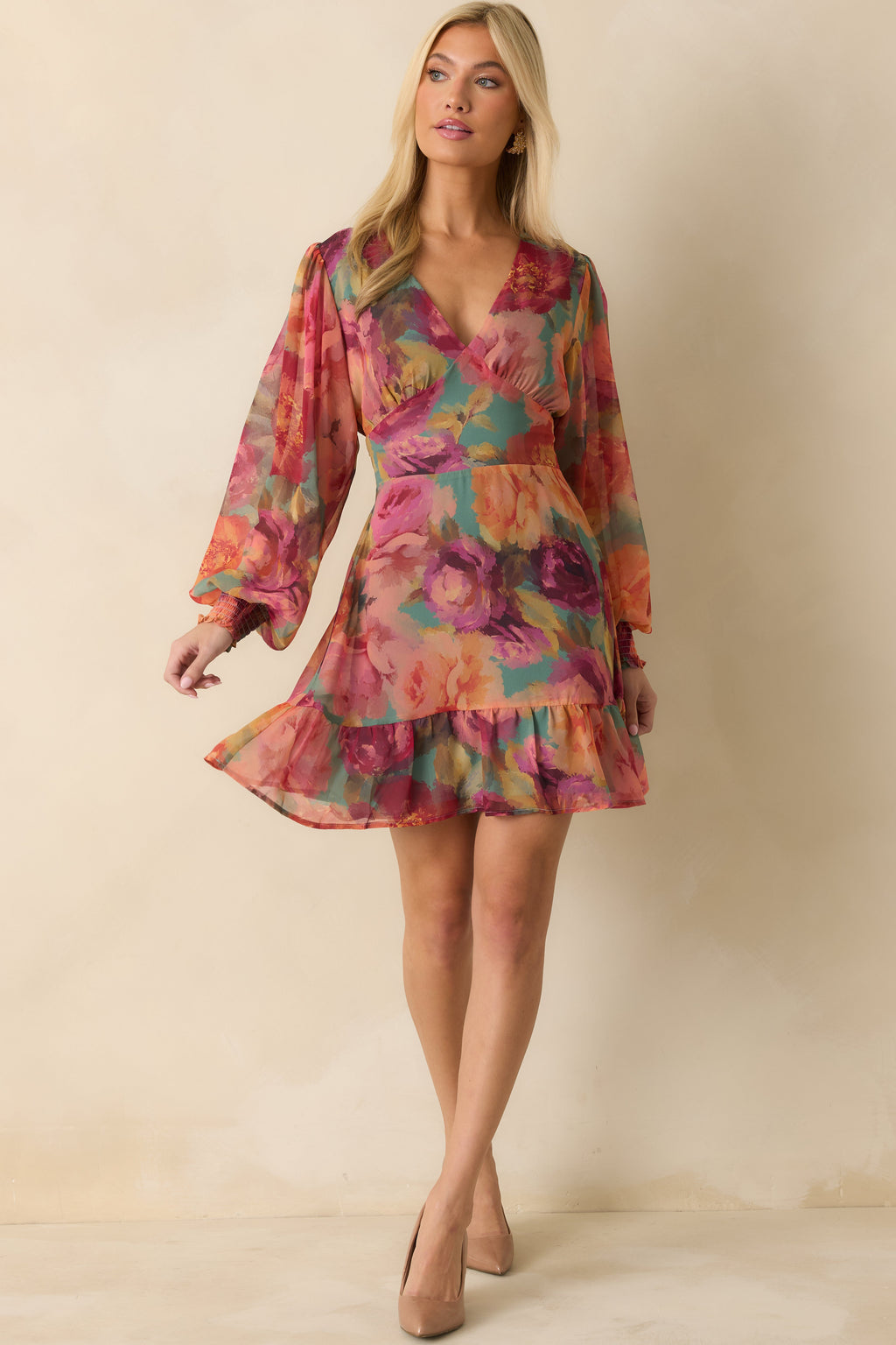 Petals in Motion Pink Multi Floral Print Chiffon Mini Dress