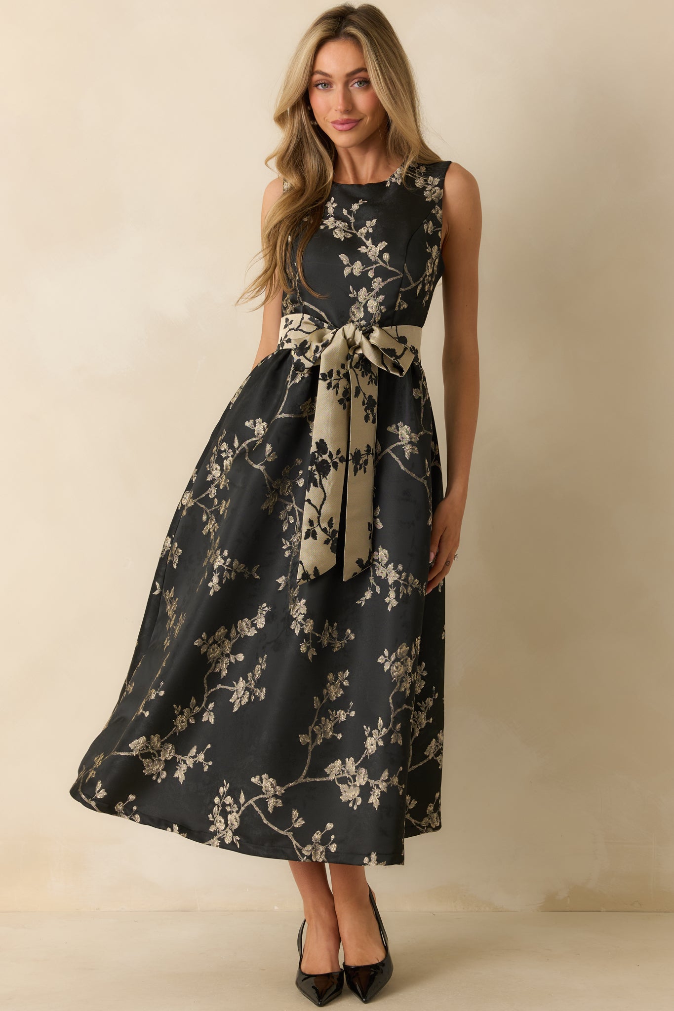 The Way She Blooms Black Floral Jacquard Bow Belt Maxi Dress