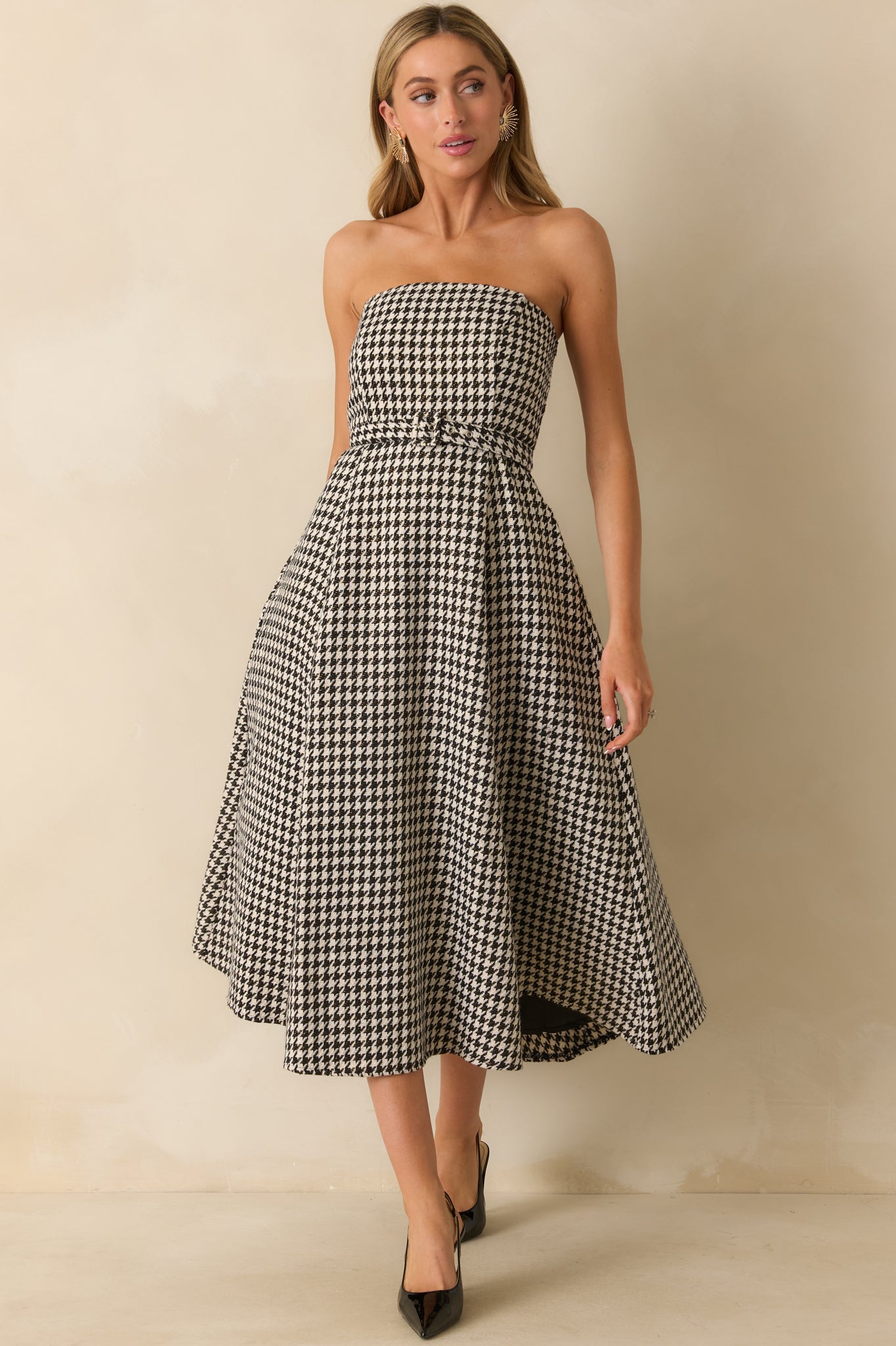 Something To Remember Black Houndstooth Belted Bandeau Midi Dress