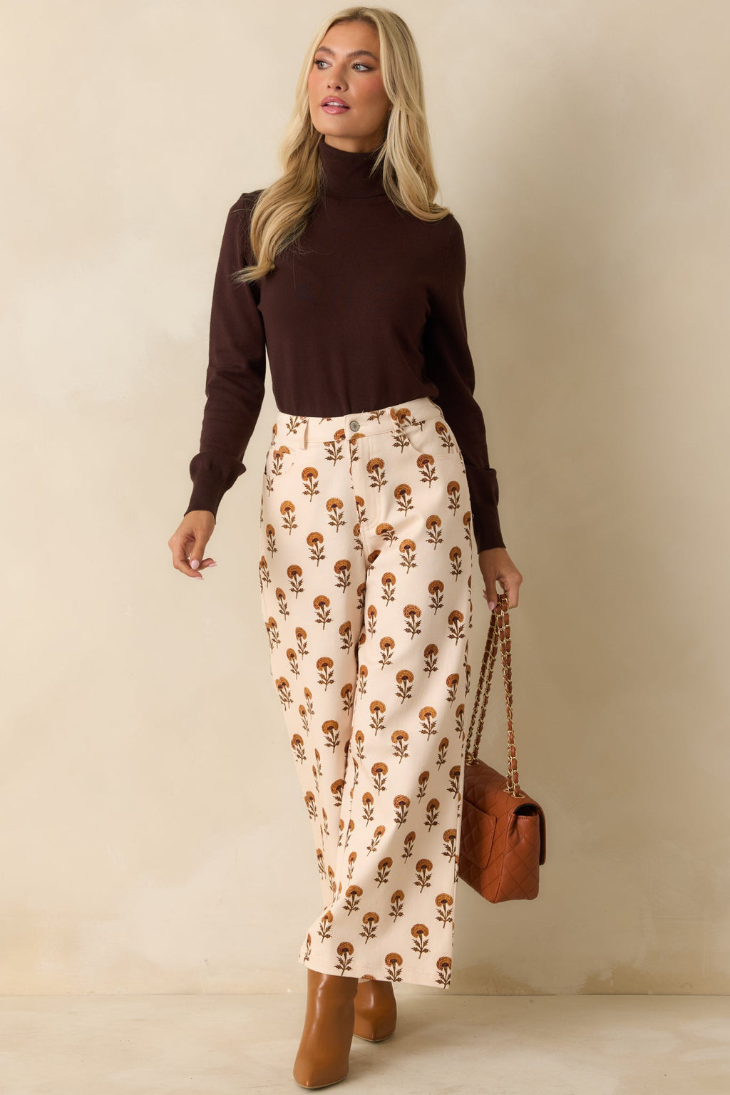 Marigold Muse Ivory Multi Floral Print Cotton Wide Leg Pants