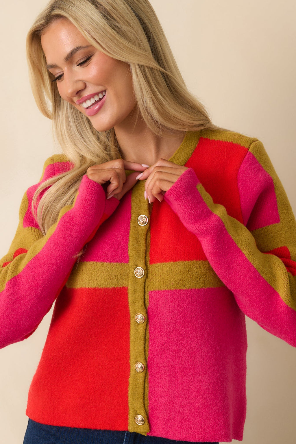 All About Now Pink and Red Knit Color Block Cardigan