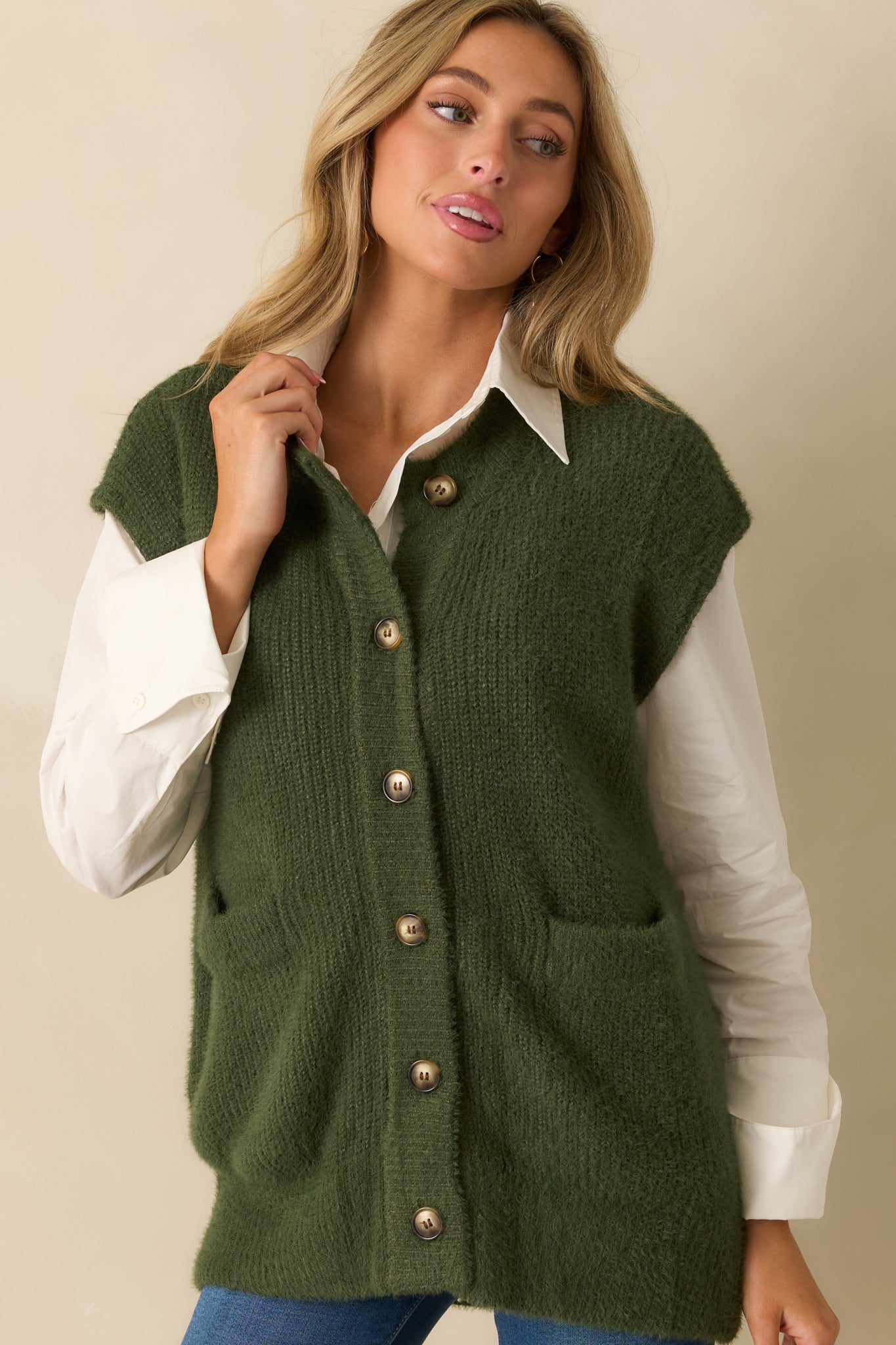 FRNCH Matcha Green Sleeveless Knit Cardigan