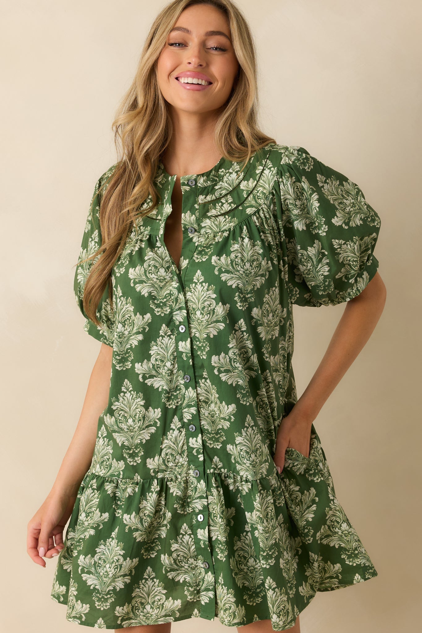 Heirloom Grace Green Damask Print Cotton Mini Dress