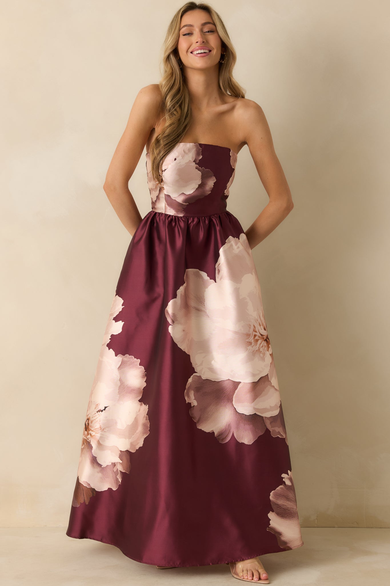 Simply Breathless Burgundy Floral Print Strapless Maxi Dress