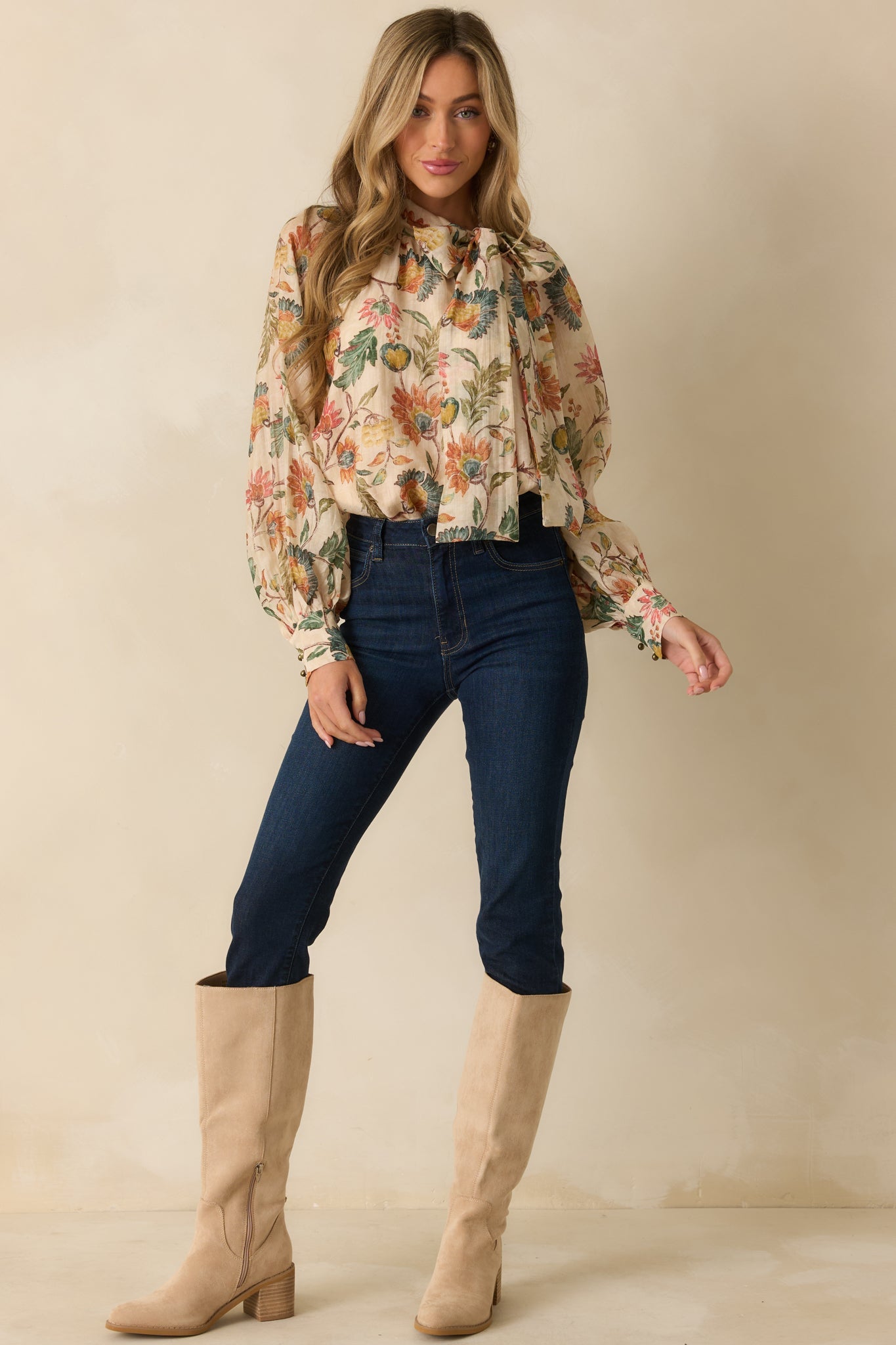 Fields of Grace Beige Multi Floral Print Cotton Bow Blouse